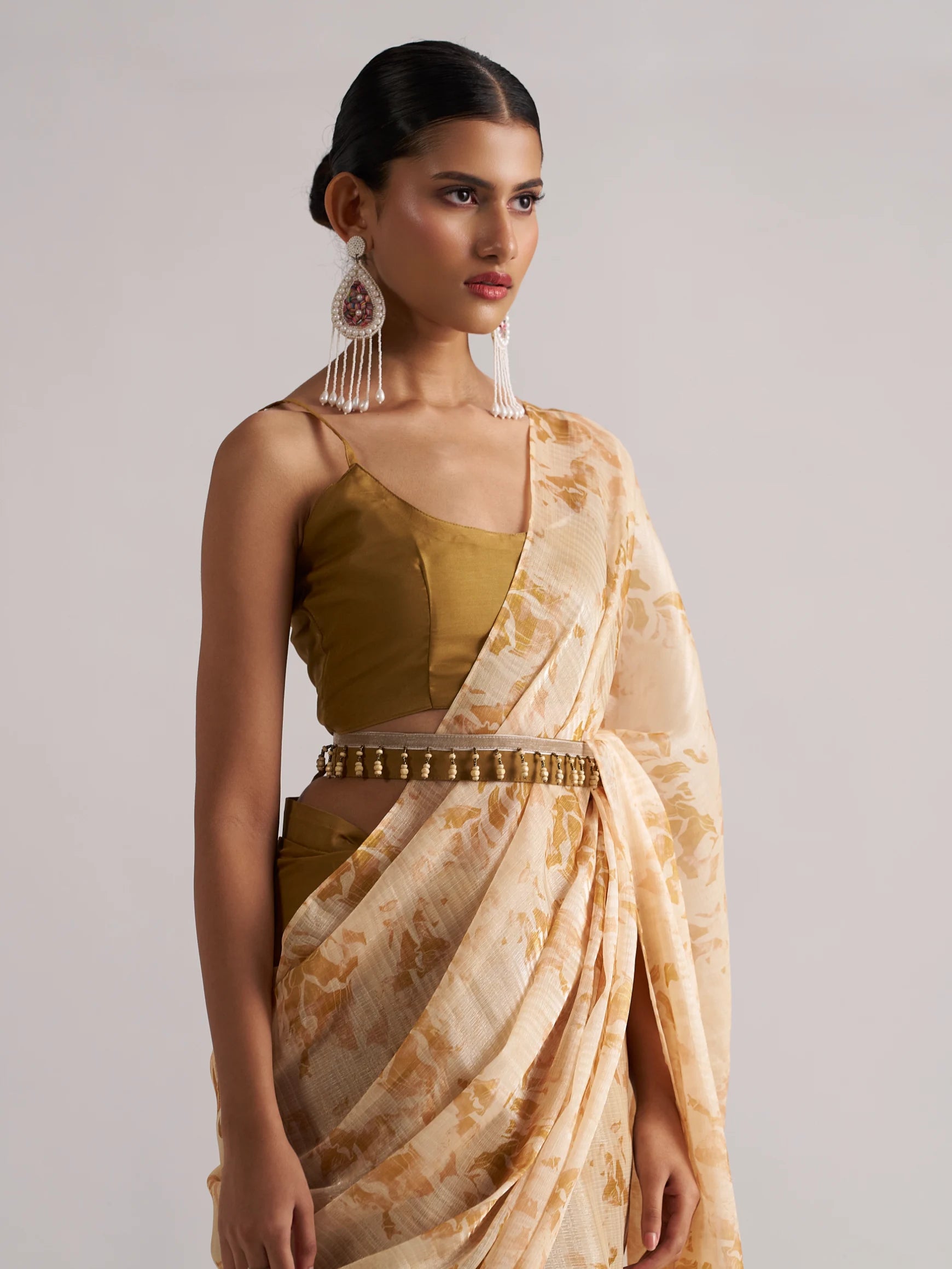 BROWN ZIRCON READY TO WEAR SAREE WITH BLOUSE