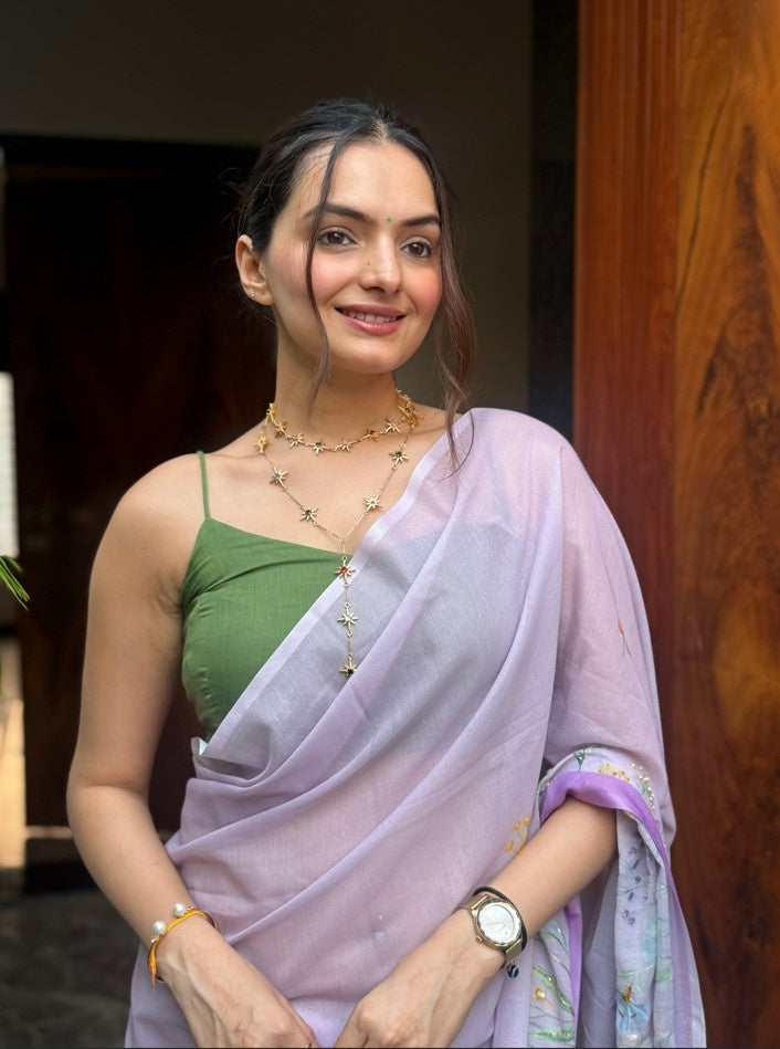 ANUSHA PATEL SUPER FEEL LAVENDER HAND EMBROIDERY DESIGNER SAREE