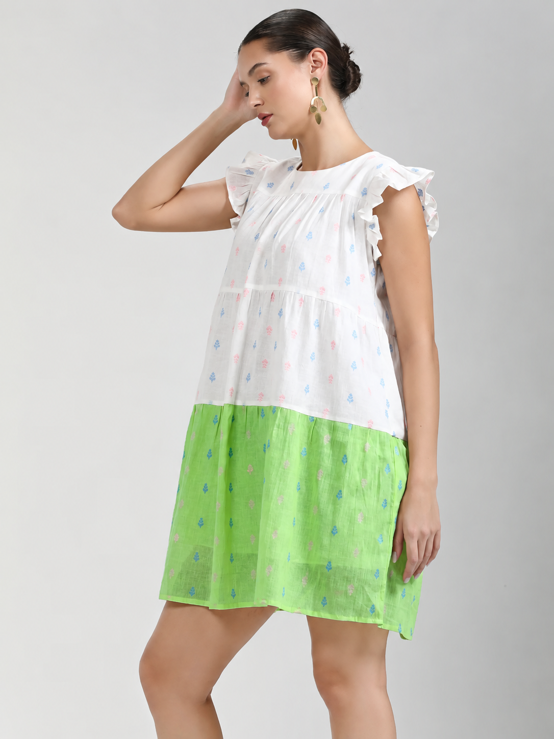 GREEN WHITE COTTON CANDY LEAF ONE PCS DRESS
