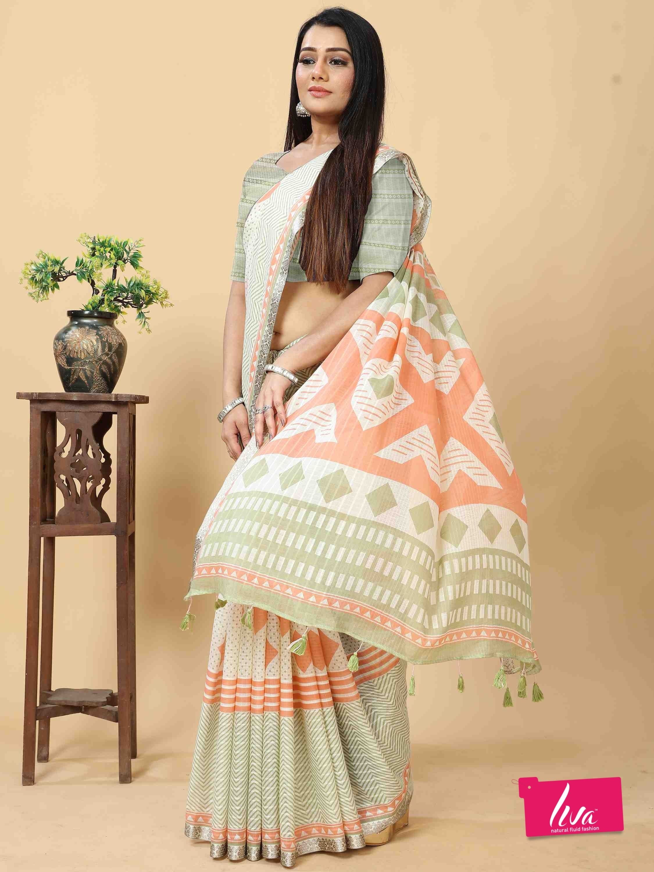 MINT GREEN VISCOSE MUL CONTEMPORARY PRINTED LIVA SAREE