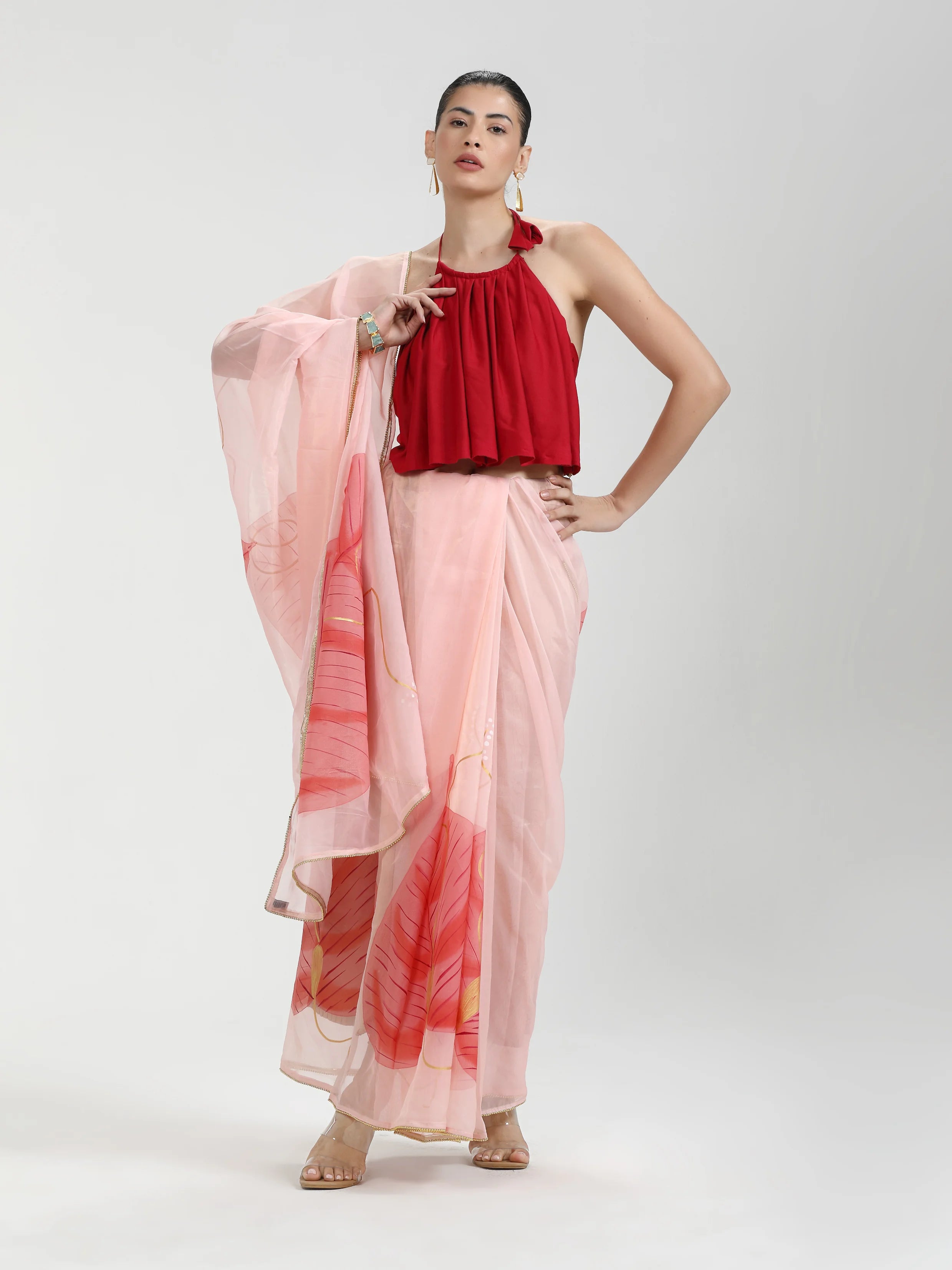 PEACH FLORAL HAND PAINTED ORGANZA SILK SAREE