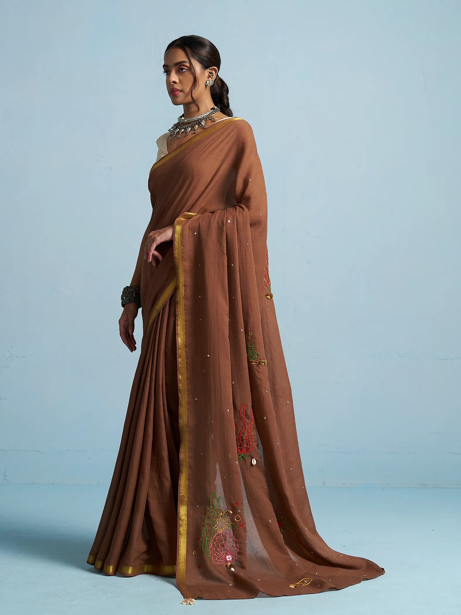 VISCOSE MUL AQUA SAREE WITH BLOUSE