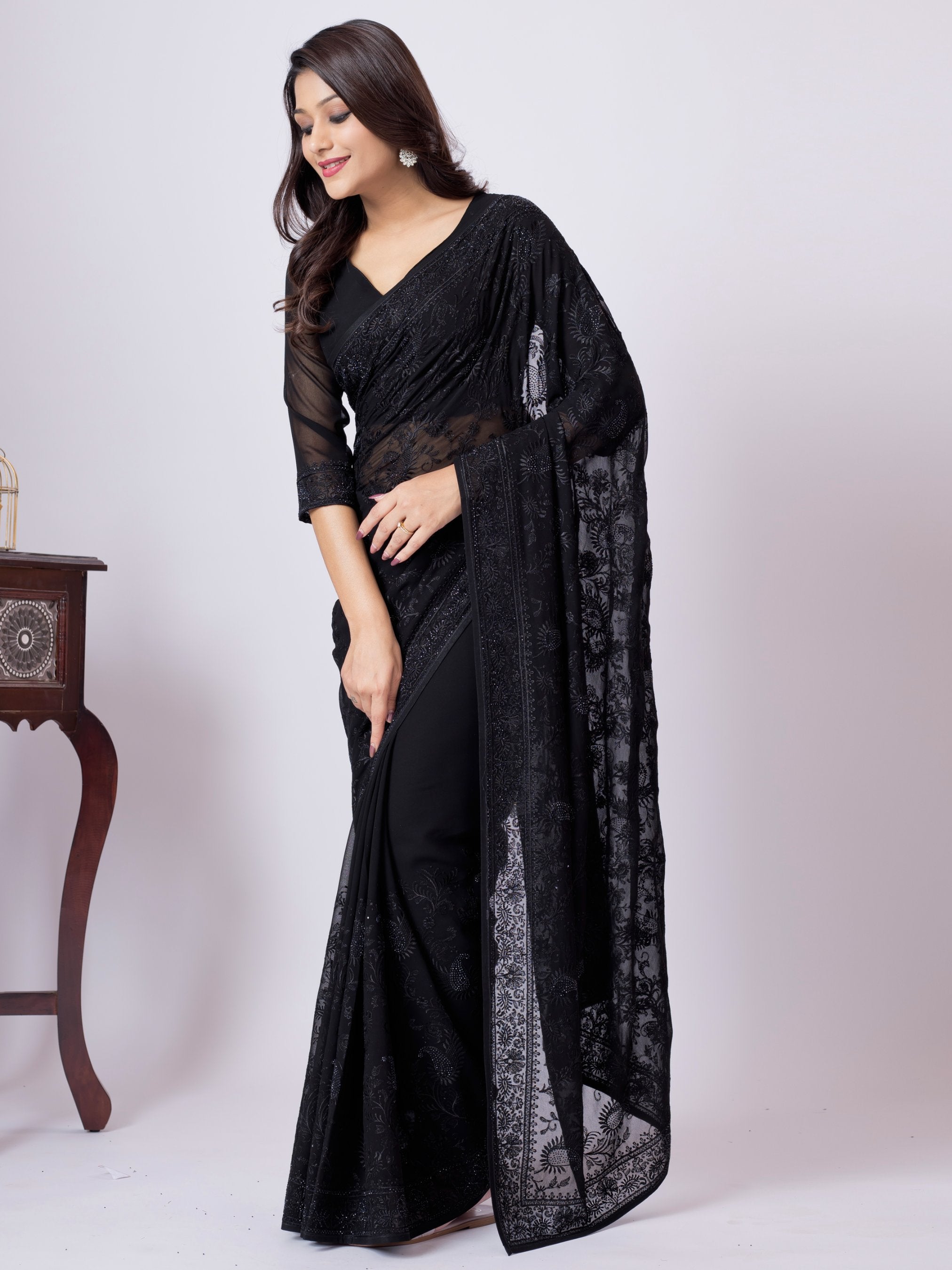 GEORGETTE SMALL MANGO EMBROIDERY SAREE WITH BLOUSE