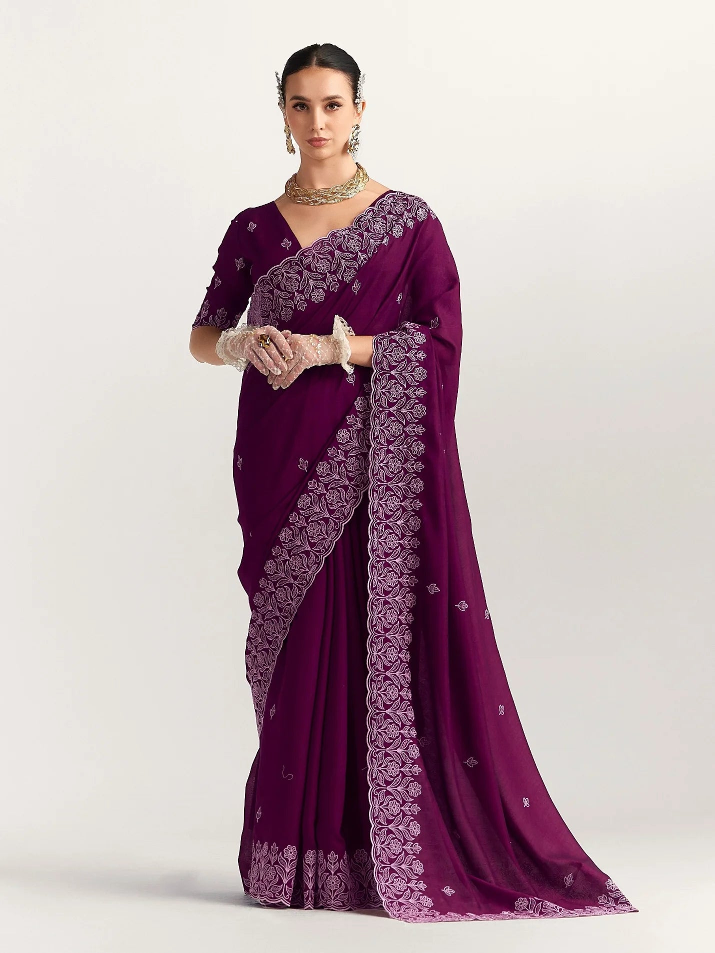 TITANIUM FLORAL EMBROIDERY SAREE WITH BLOUSE