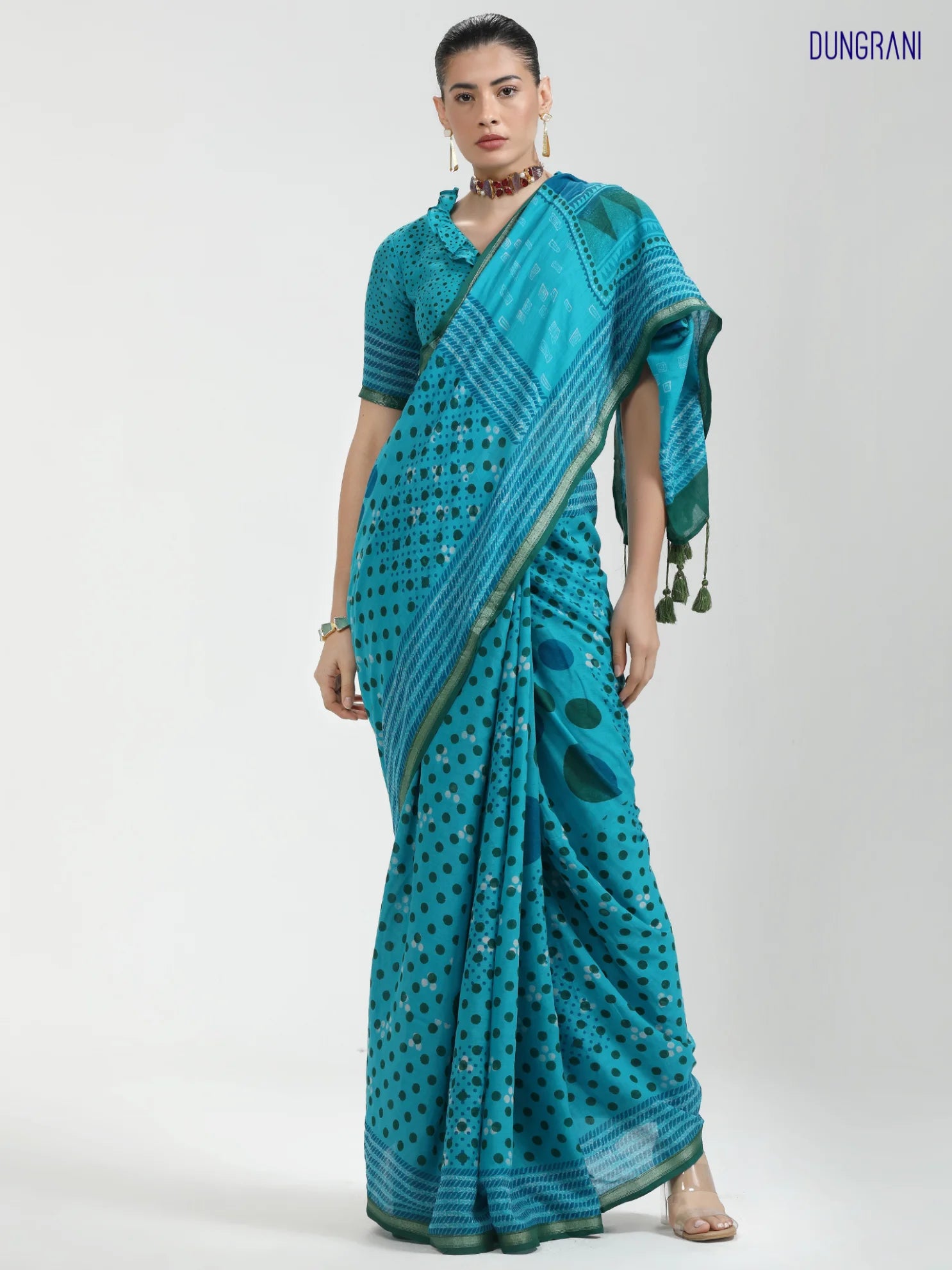 VISCOSE MUL LIVA BLOCK PRINTED SAREE WITH BLOUSE