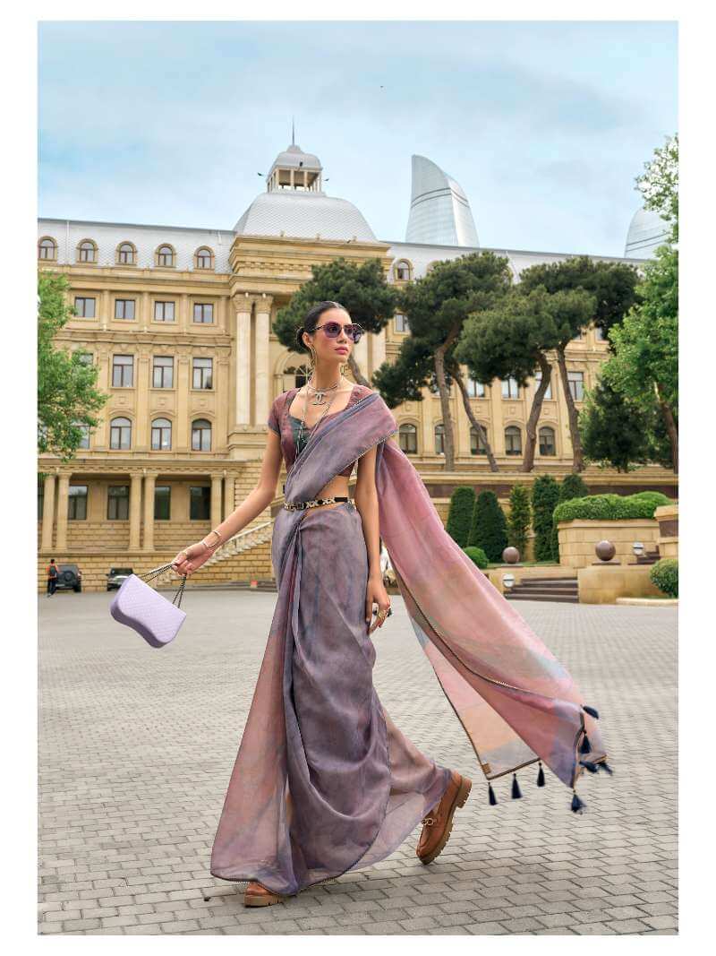 PURPLE ORGANZA DIGITAL PRINT SAREE WITH GOTA LACE