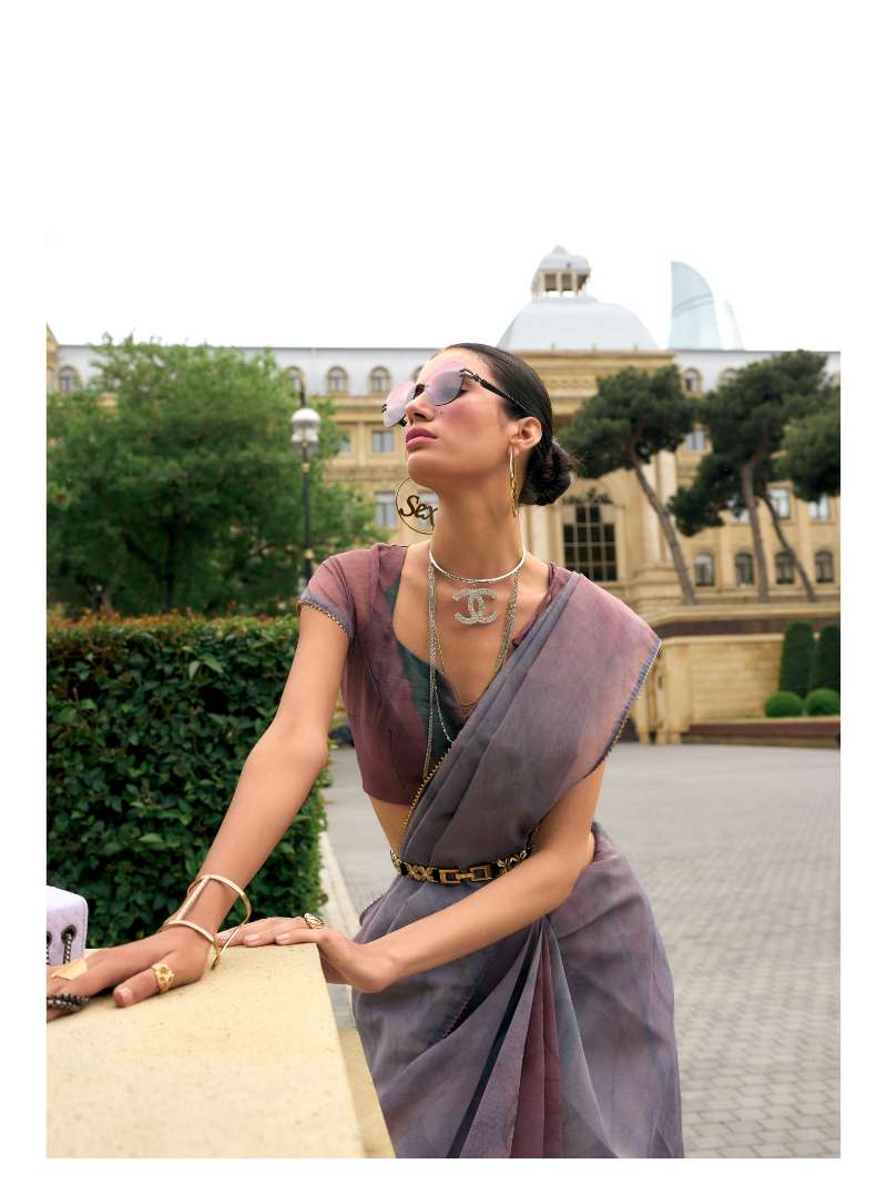 PURPLE ORGANZA DIGITAL PRINT SAREE WITH GOTA LACE