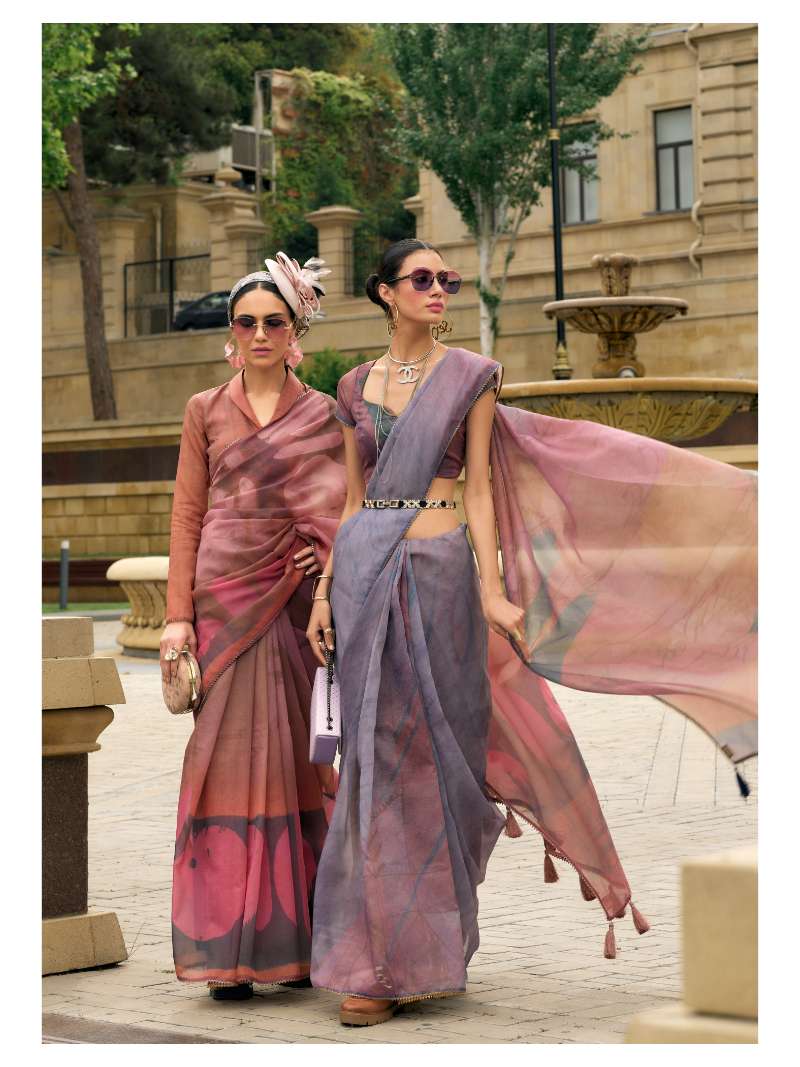 PURPLE ORGANZA DIGITAL PRINT SAREE WITH GOTA LACE