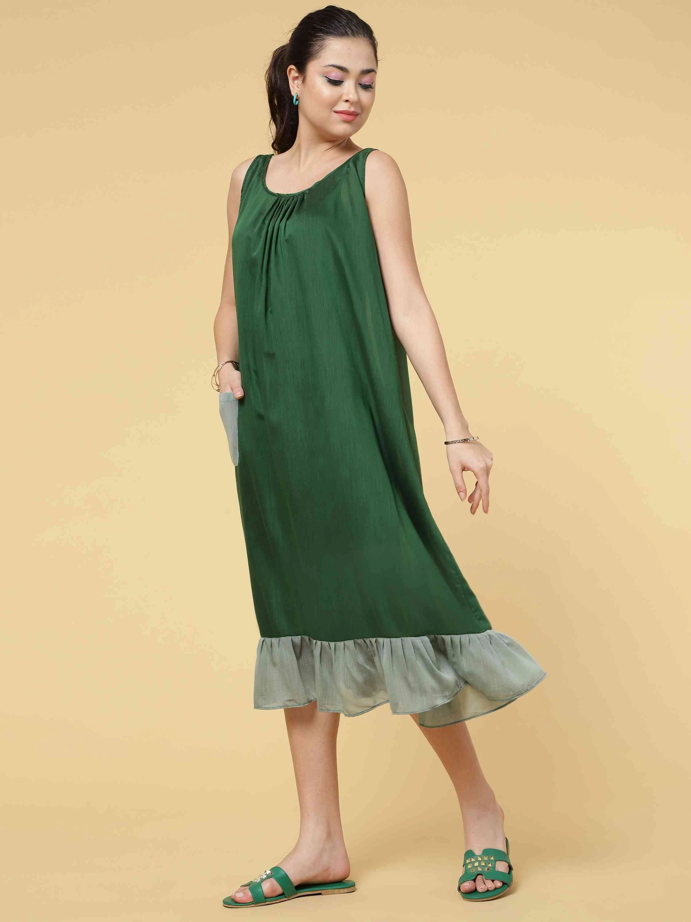 GREEN COTTON BLEND RUFFLE DREES WITH POCKET