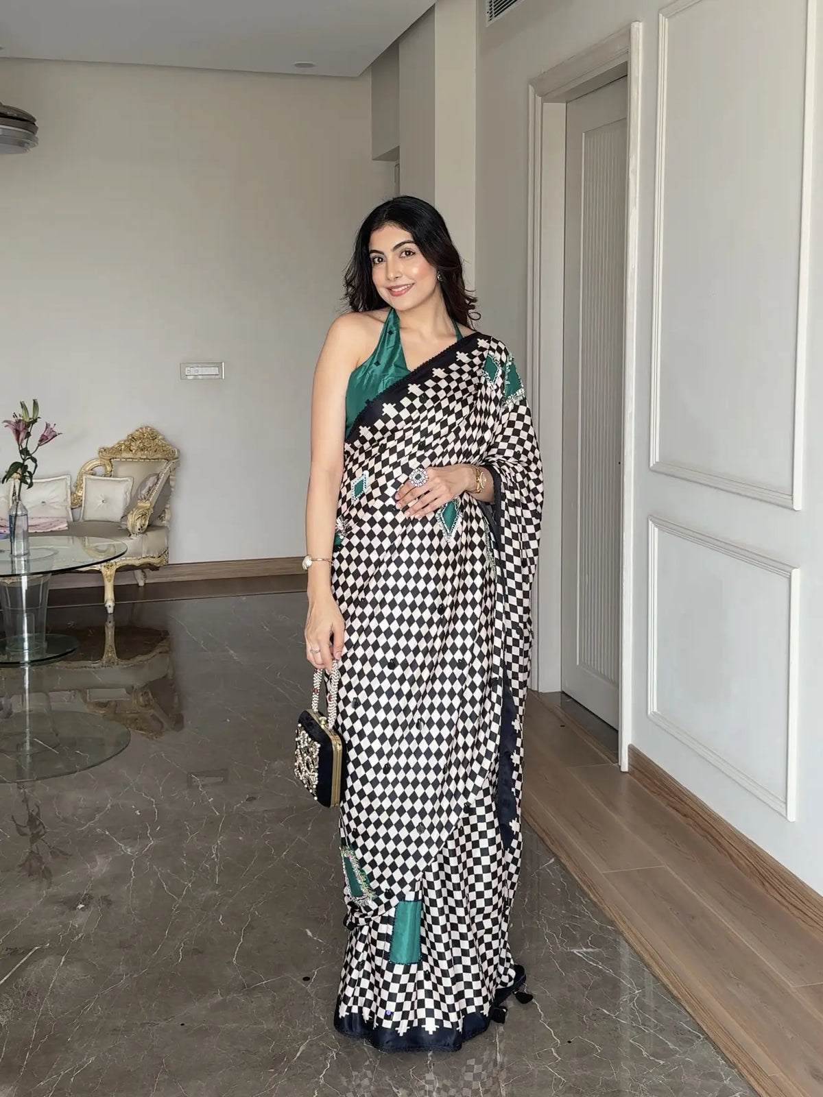 TANIYA ATMARAMANI IN MODAL SATIN MONOCHROME CHECKS WITH HAND EMBROIDERY LIVA SAREE