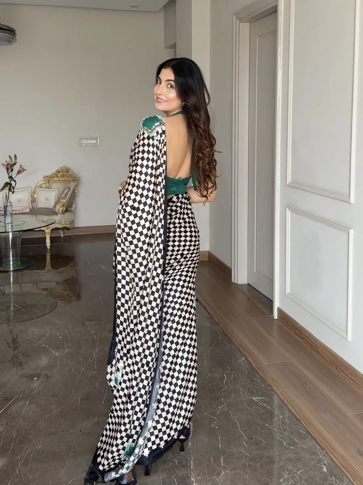 TANIYA ATMARAMANI IN MODAL SATIN MONOCHROME CHECKS WITH HAND EMBROIDERY LIVA SAREE
