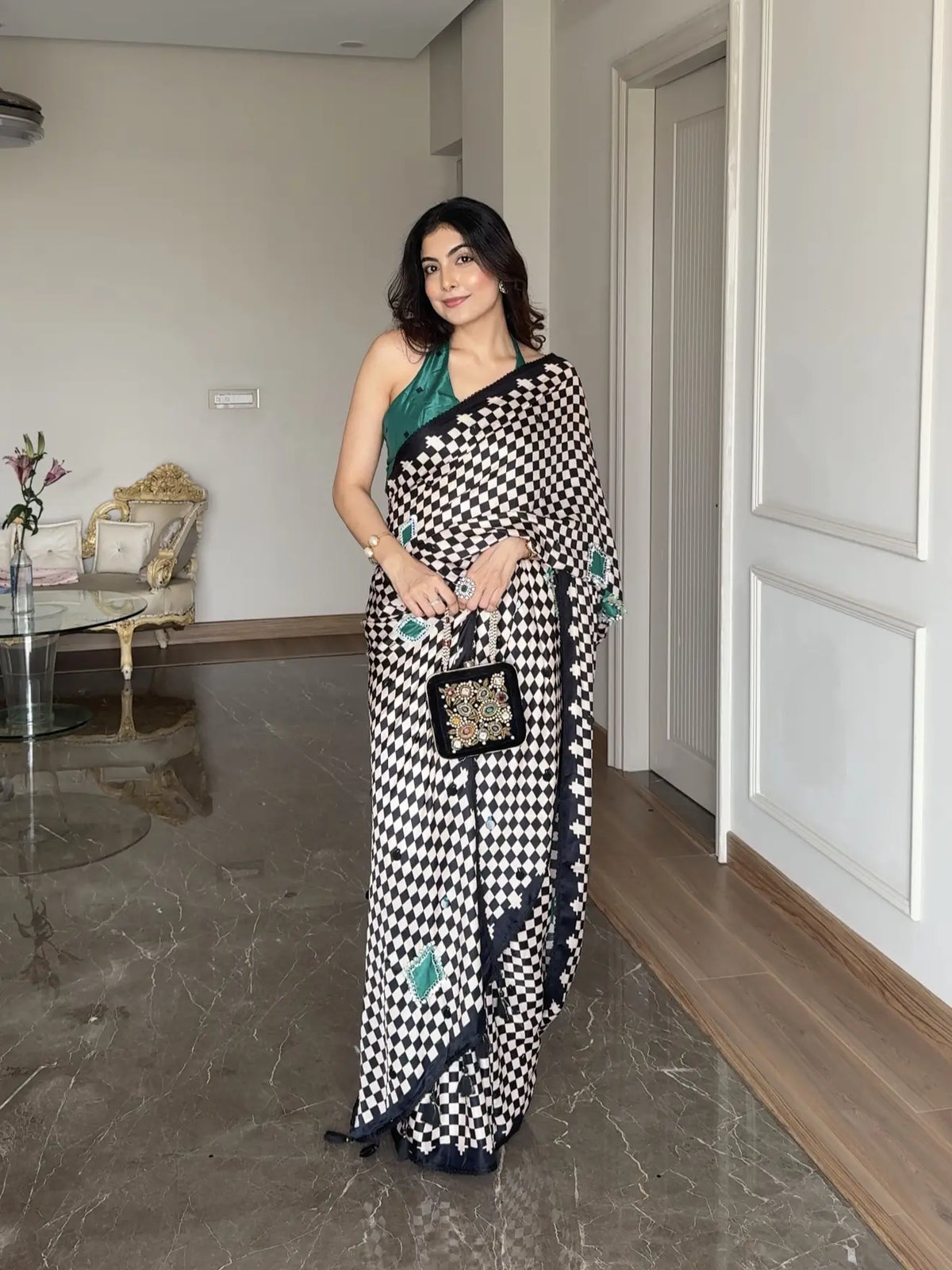 TANIYA ATMARAMANI IN MODAL SATIN MONOCHROME CHECKS WITH HAND EMBROIDERY LIVA SAREE