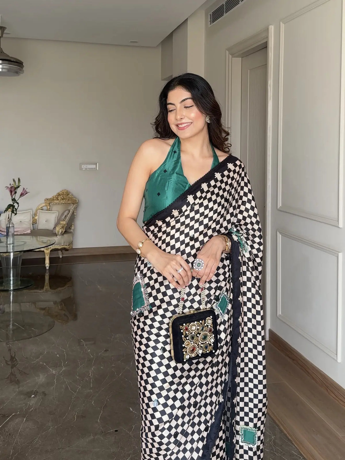 TANIYA ATMARAMANI IN MODAL SATIN MONOCHROME CHECKS WITH HAND EMBROIDERY LIVA SAREE