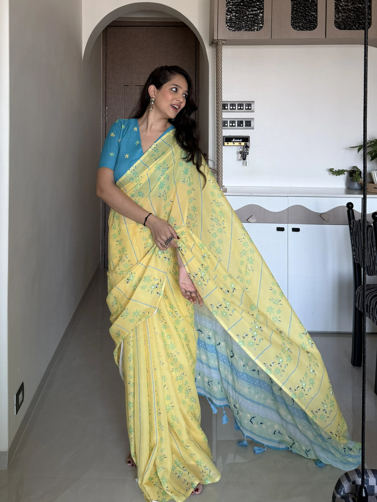 AARTI SUPER FEEL YELLOW HAND EMBROIDERY DESIGNER SAREE WITH BLOUSE