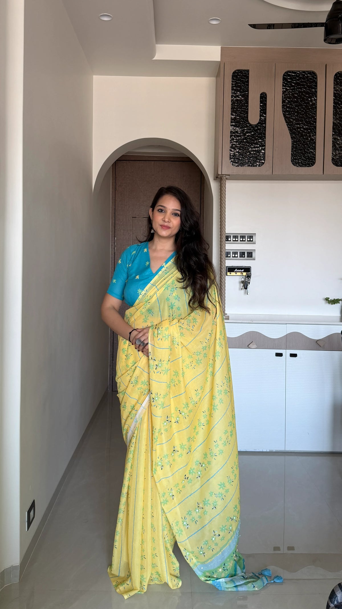 AARTI SUPER FEEL YELLOW HAND EMBROIDERY DESIGNER SAREE WITH BLOUSE