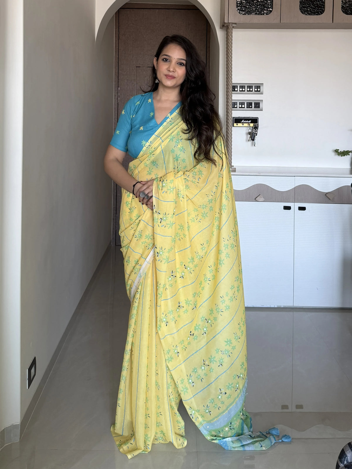 AARTI SUPER FEEL YELLOW HAND EMBROIDERY DESIGNER SAREE WITH BLOUSE