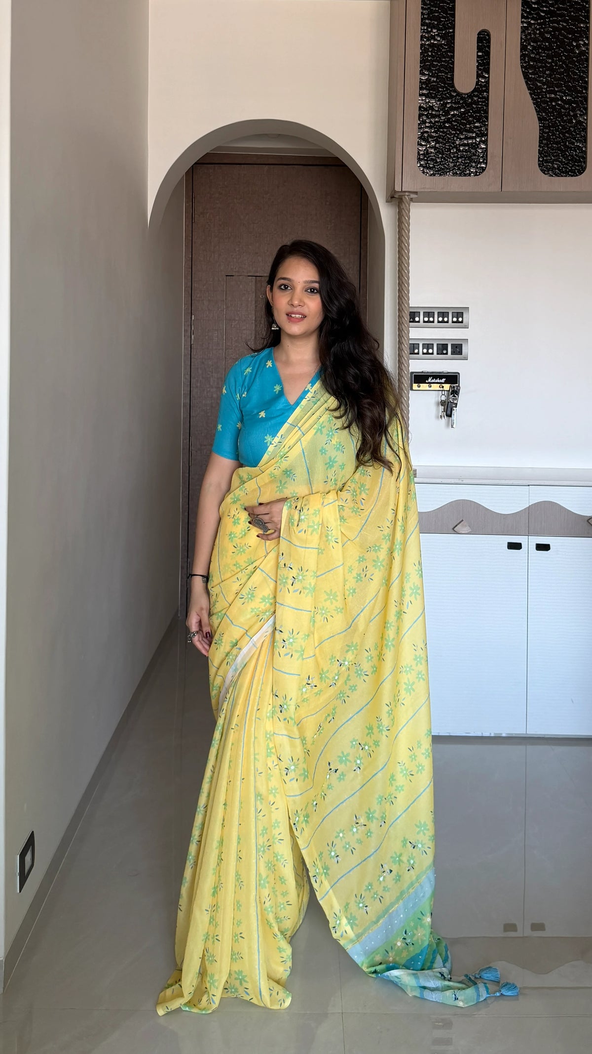 AARTI SUPER FEEL YELLOW HAND EMBROIDERY DESIGNER SAREE WITH BLOUSE