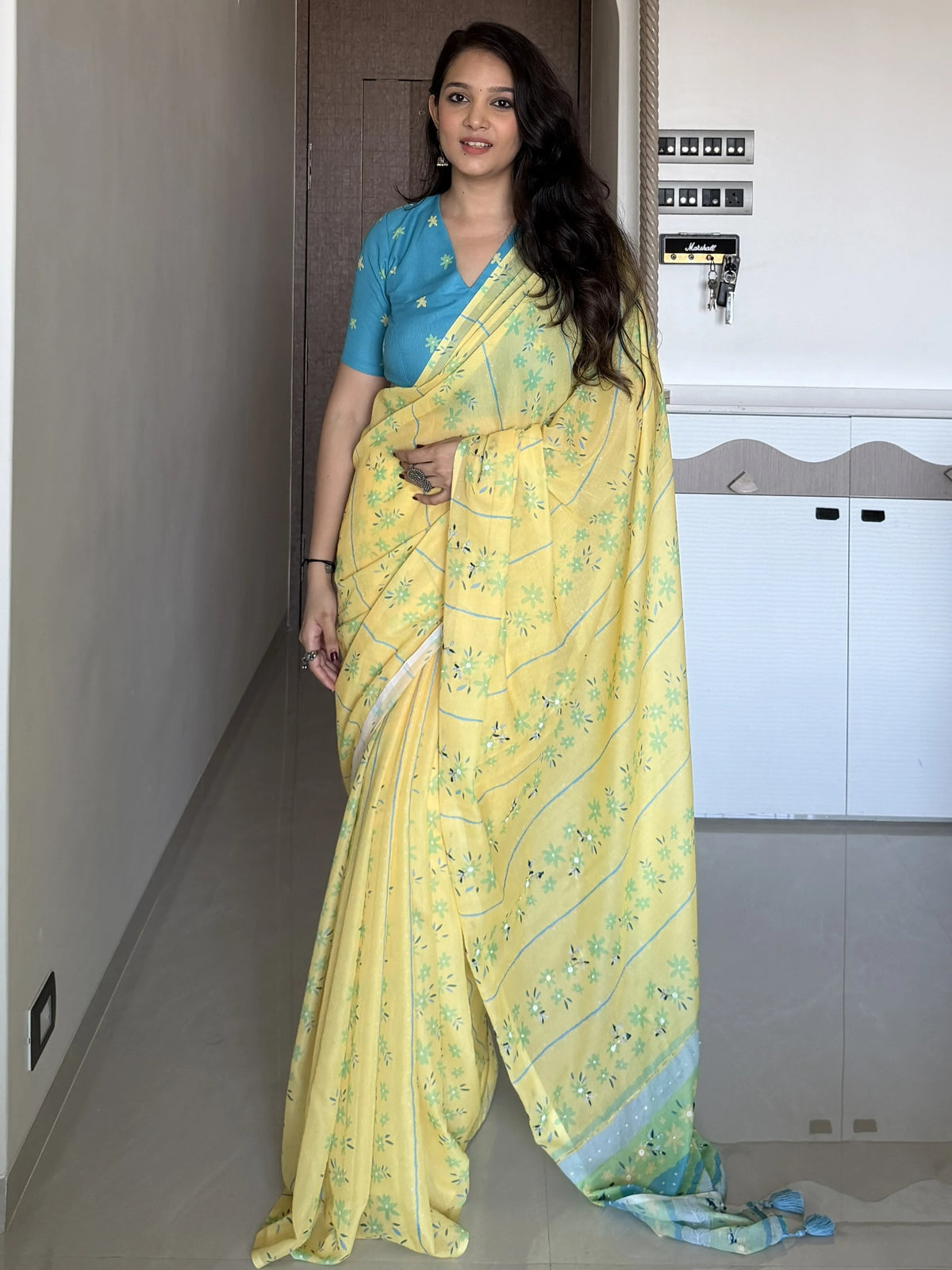 AARTI SUPER FEEL YELLOW HAND EMBROIDERY DESIGNER SAREE WITH BLOUSE
