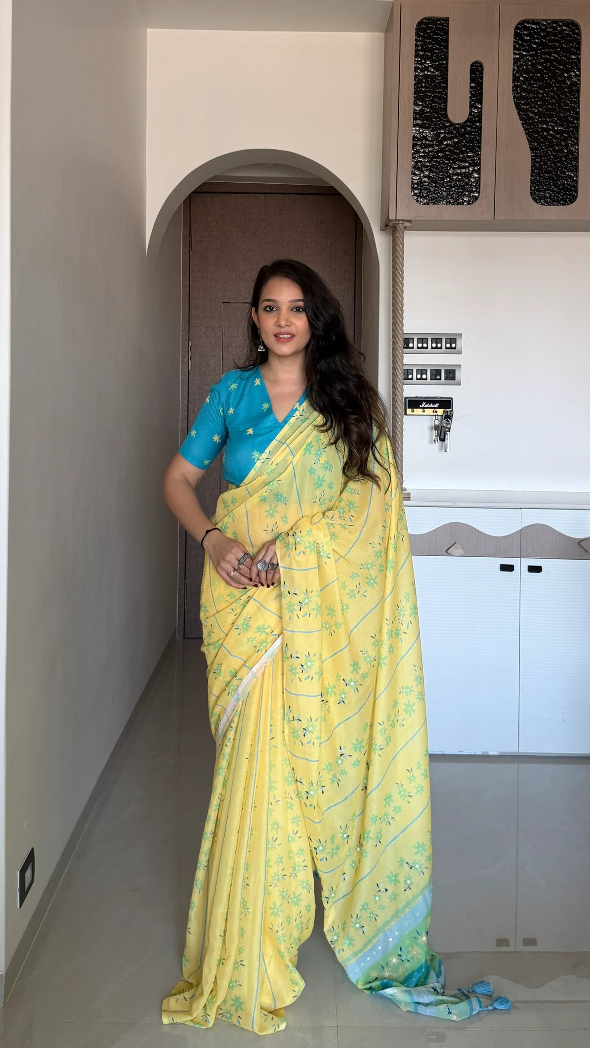 AARTI SUPER FEEL YELLOW HAND EMBROIDERY DESIGNER SAREE WITH BLOUSE