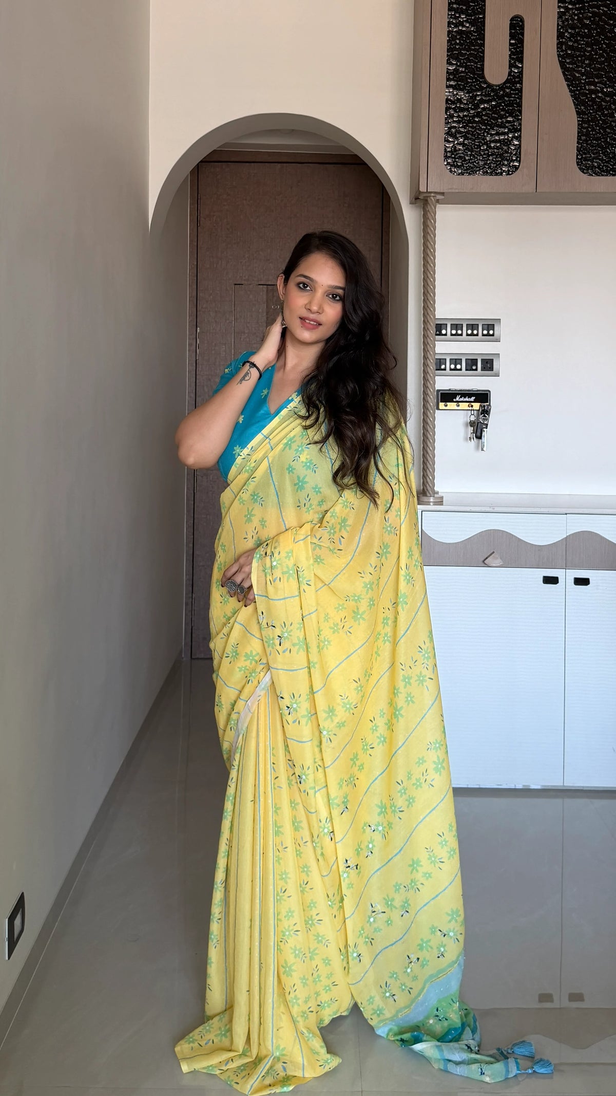 AARTI SUPER FEEL YELLOW HAND EMBROIDERY DESIGNER SAREE WITH BLOUSE