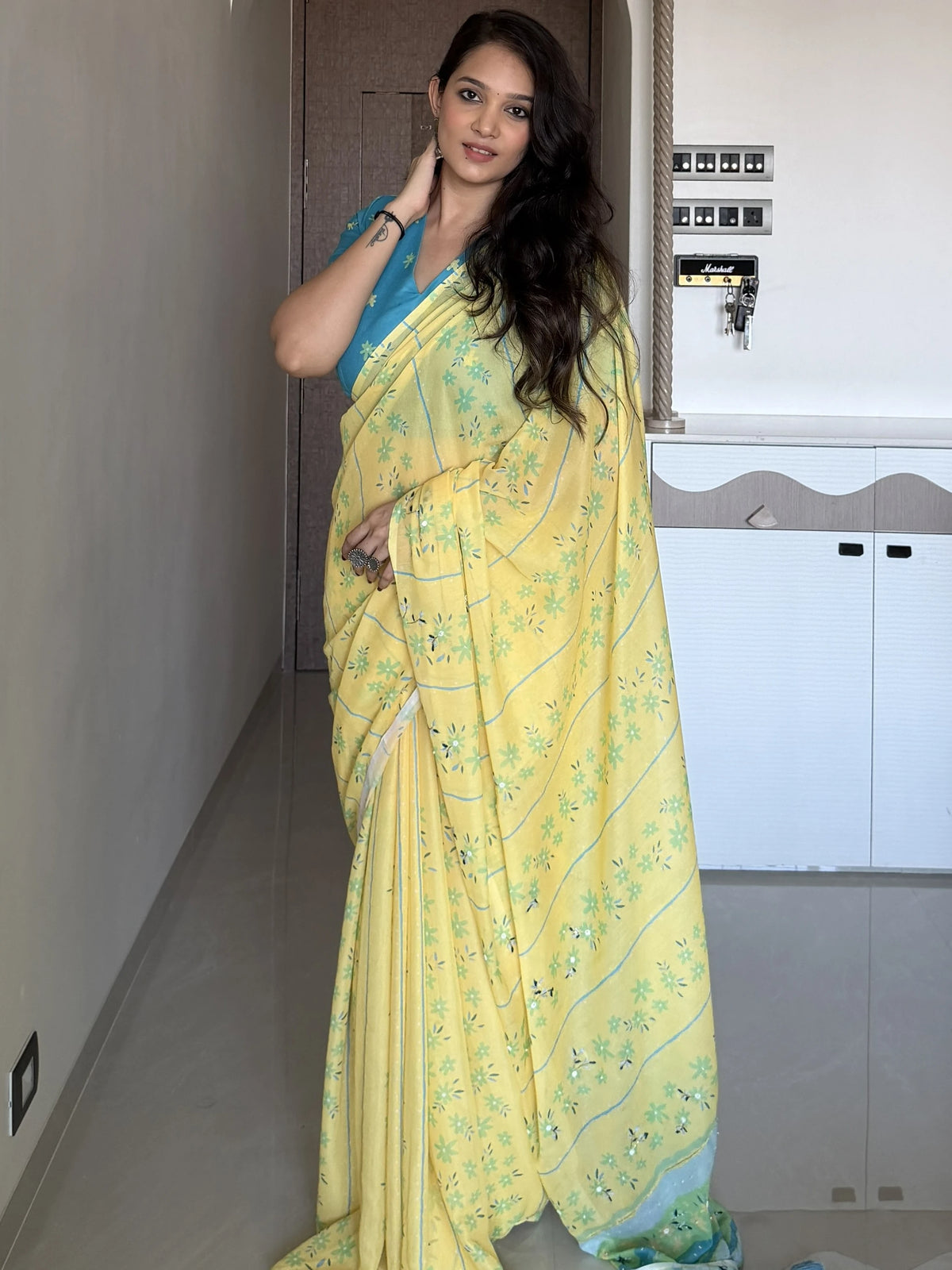 AARTI SUPER FEEL YELLOW HAND EMBROIDERY DESIGNER SAREE WITH BLOUSE