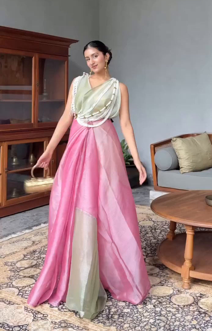 PINK & PISTA GLOW CHIFFON READY-TO-WEAR SAREE