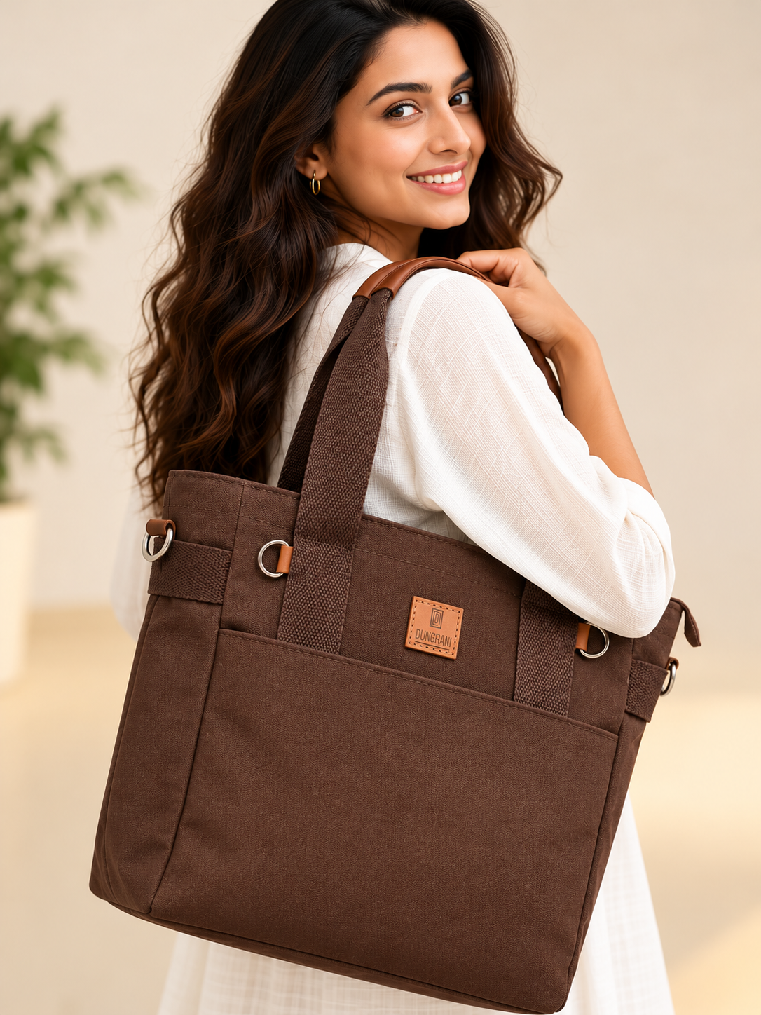 BROWN UNISEX LARGE CANVAS TOTE BAG