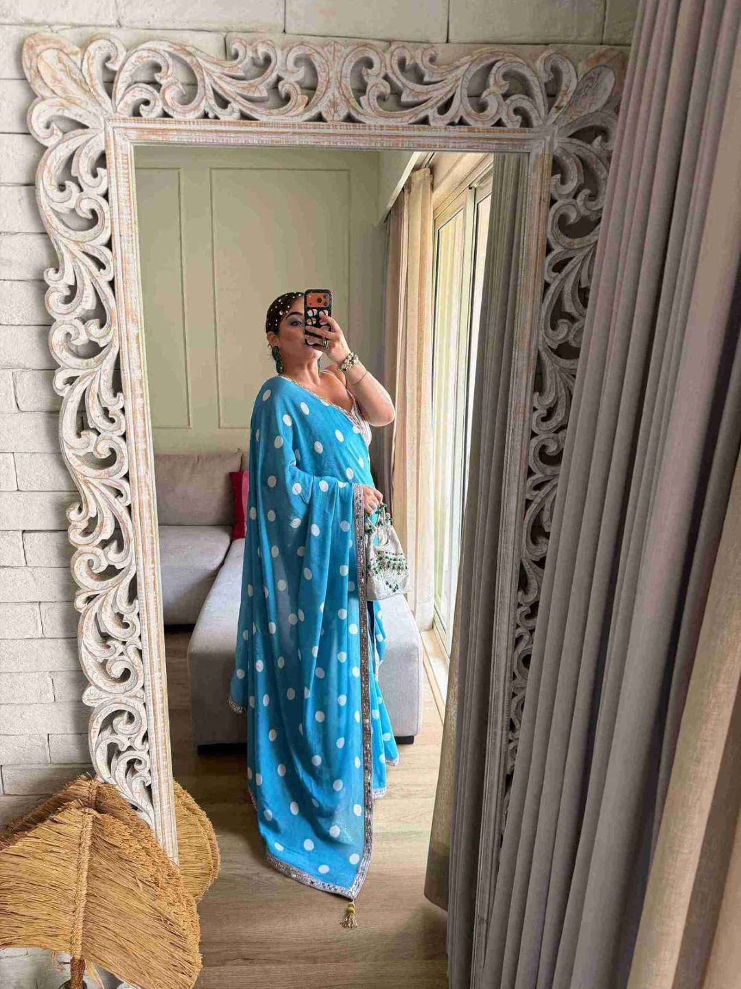 GURLEEN GAMBHIR BLUE POLKA DOT CREPE HEAVY REAL MIRROR BORDER SAREE