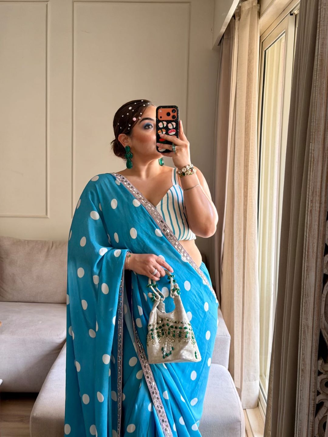 GURLEEN GAMBHIR BLUE POLKA DOT CREPE HEAVY REAL MIRROR BORDER SAREE