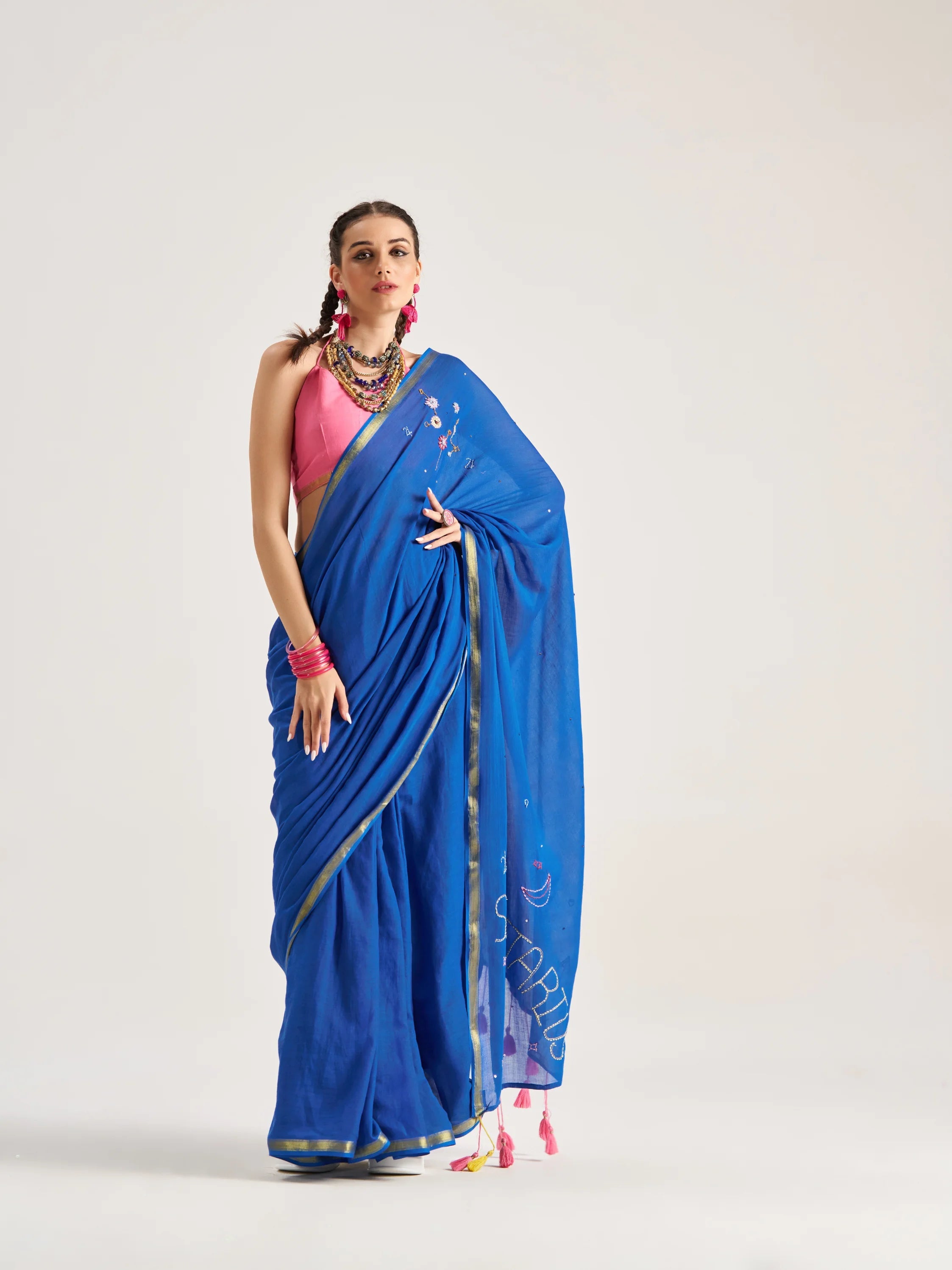 ANANYA BHONSLE IN VISCOSE MUL SAGITTARIUS VEDIC ZODIAC HAND EMBROIDERED SAREE