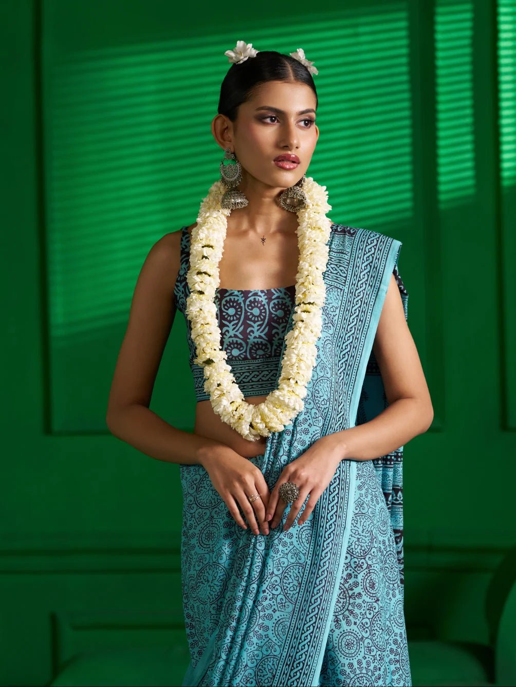 AQUA BLUE VISCOSE MUL BAGH PRINT SAREE