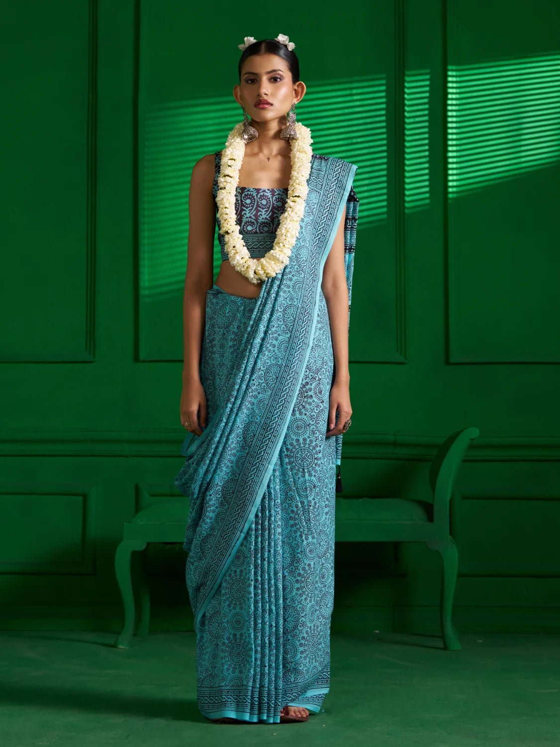 AQUA BLUE VISCOSE MUL BAGH PRINT SAREE