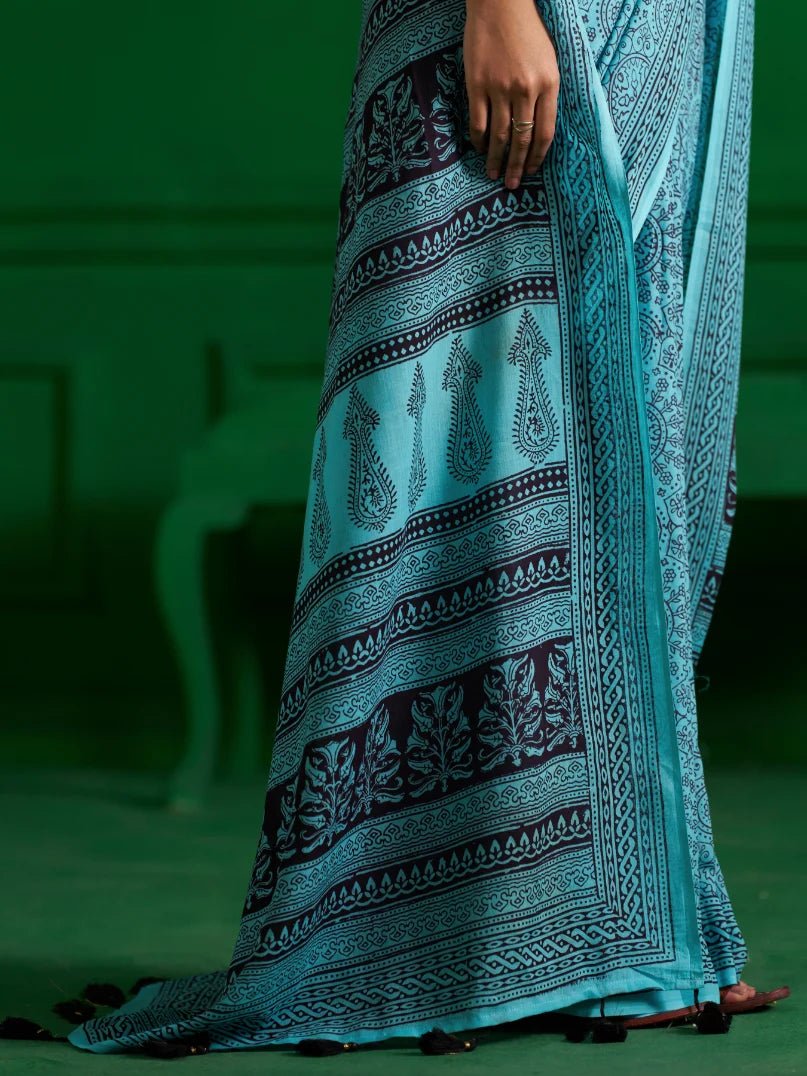 AQUA BLUE VISCOSE MUL BAGH PRINT SAREE