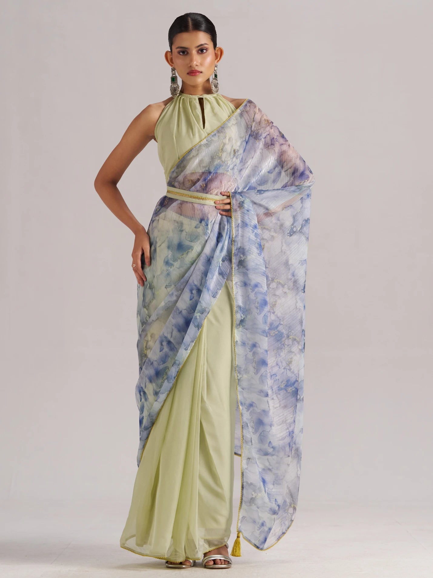 AQUA CRYSTAL SOFT ORGANZA READY-TO-WEAR SAREE