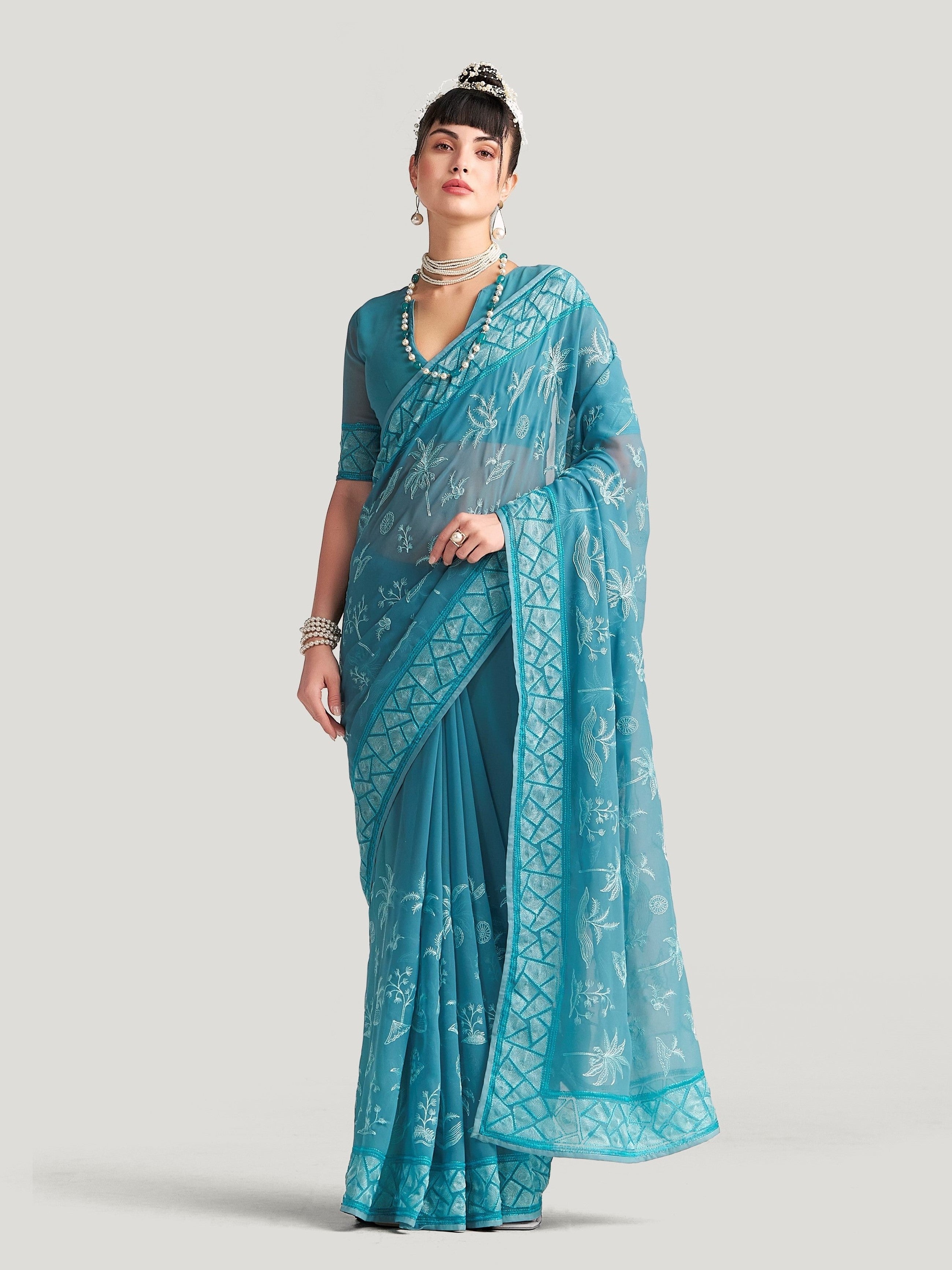 BABY BLUE GEORGETTE TREE PRINTED EMBROIDERY SAREE