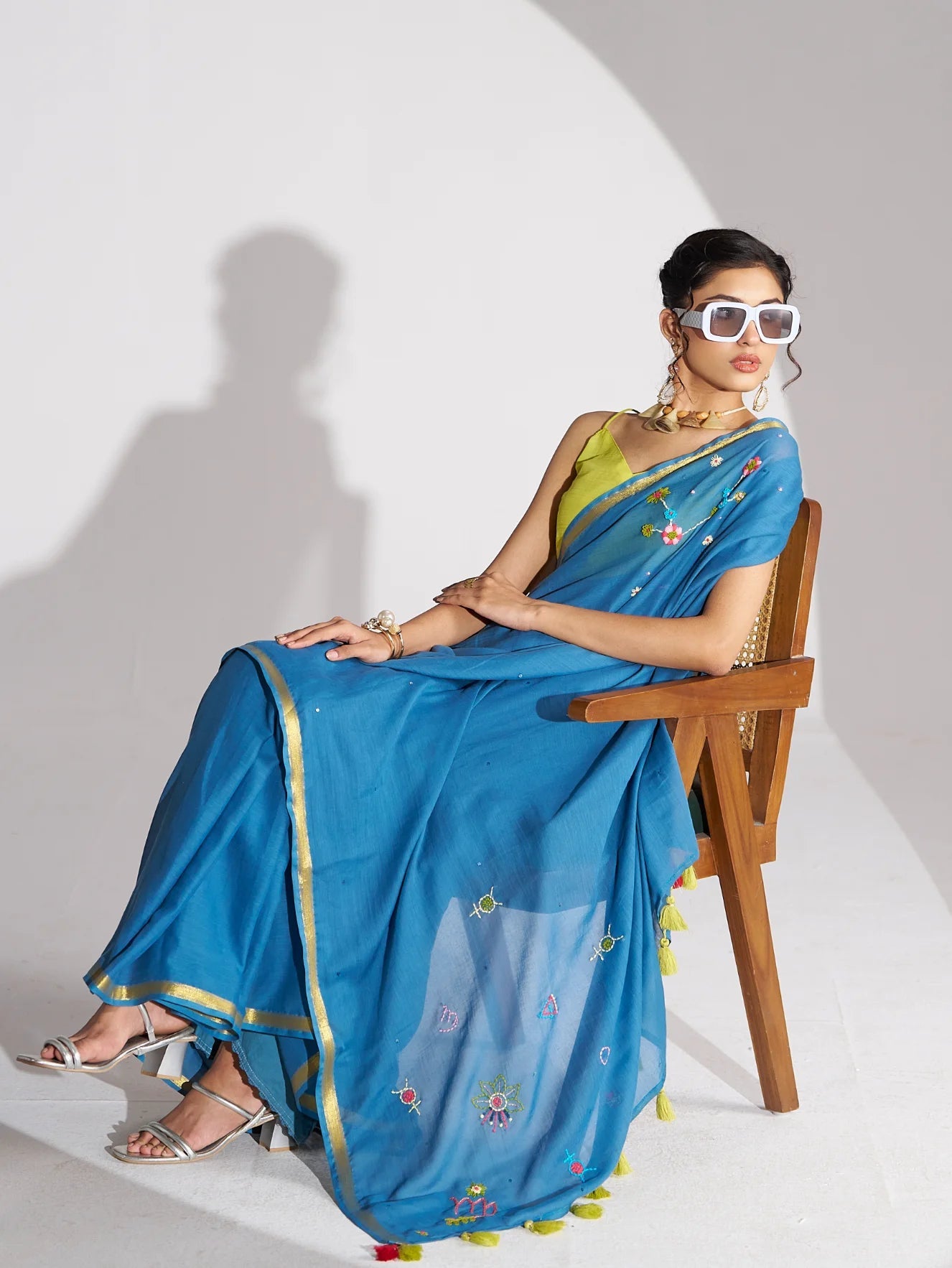 BAHAMA BLUE VISCOSE MUL THREAD WORK SAREES