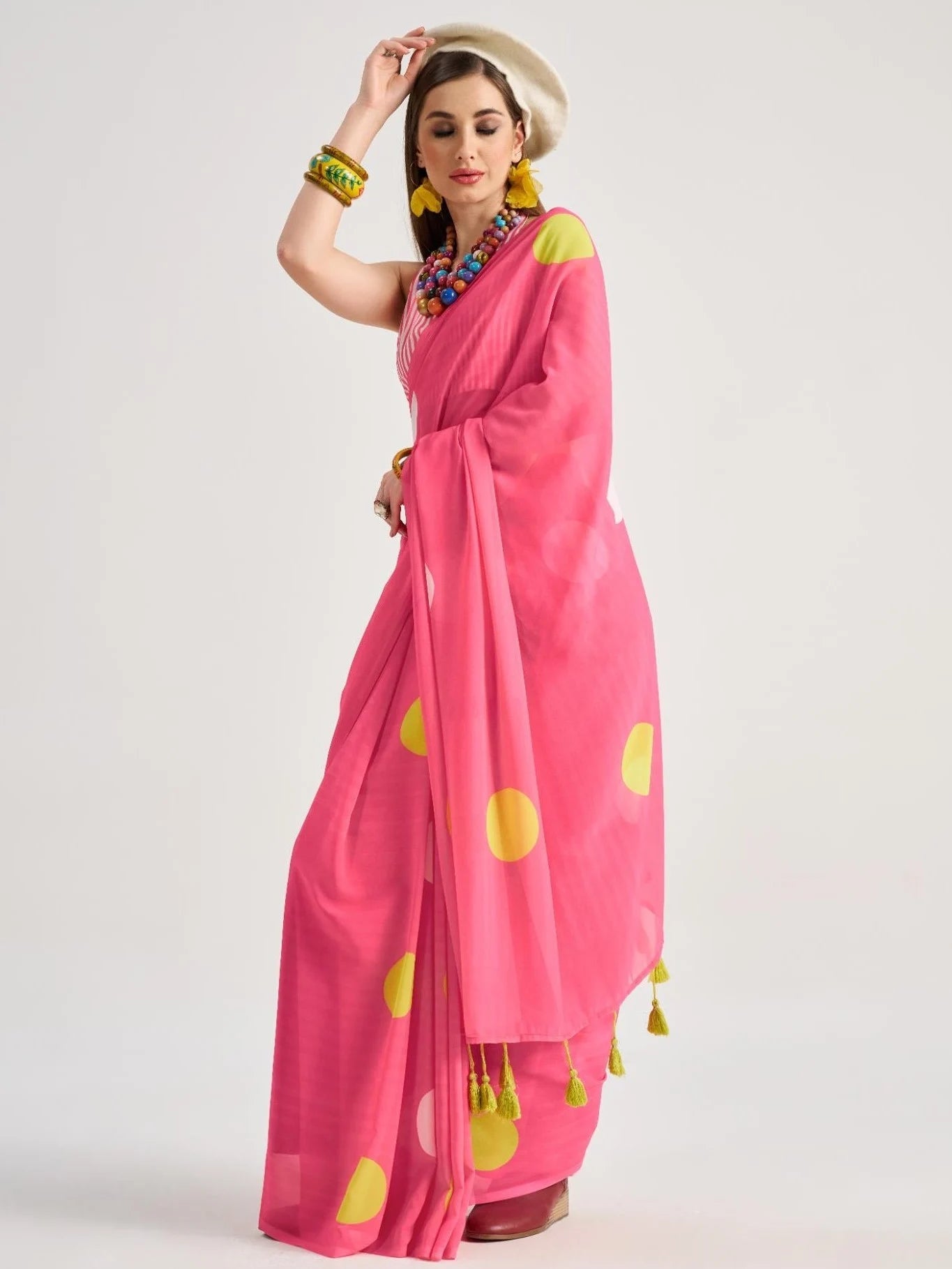 BARBIE PINK GEORGETTE POLKA POPS DIGITAL PRINTED SAREE