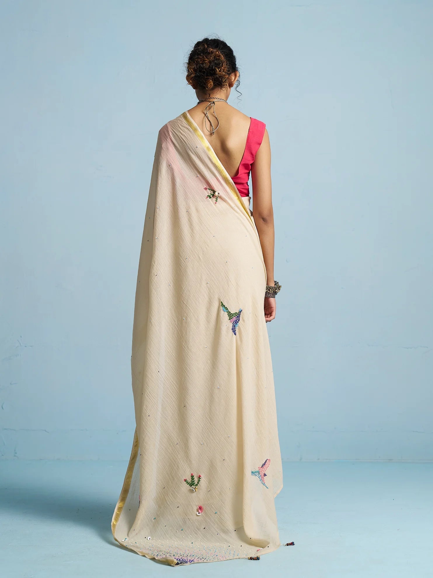 BEIGE MULMUL COTTON THREAD WORK SAREES