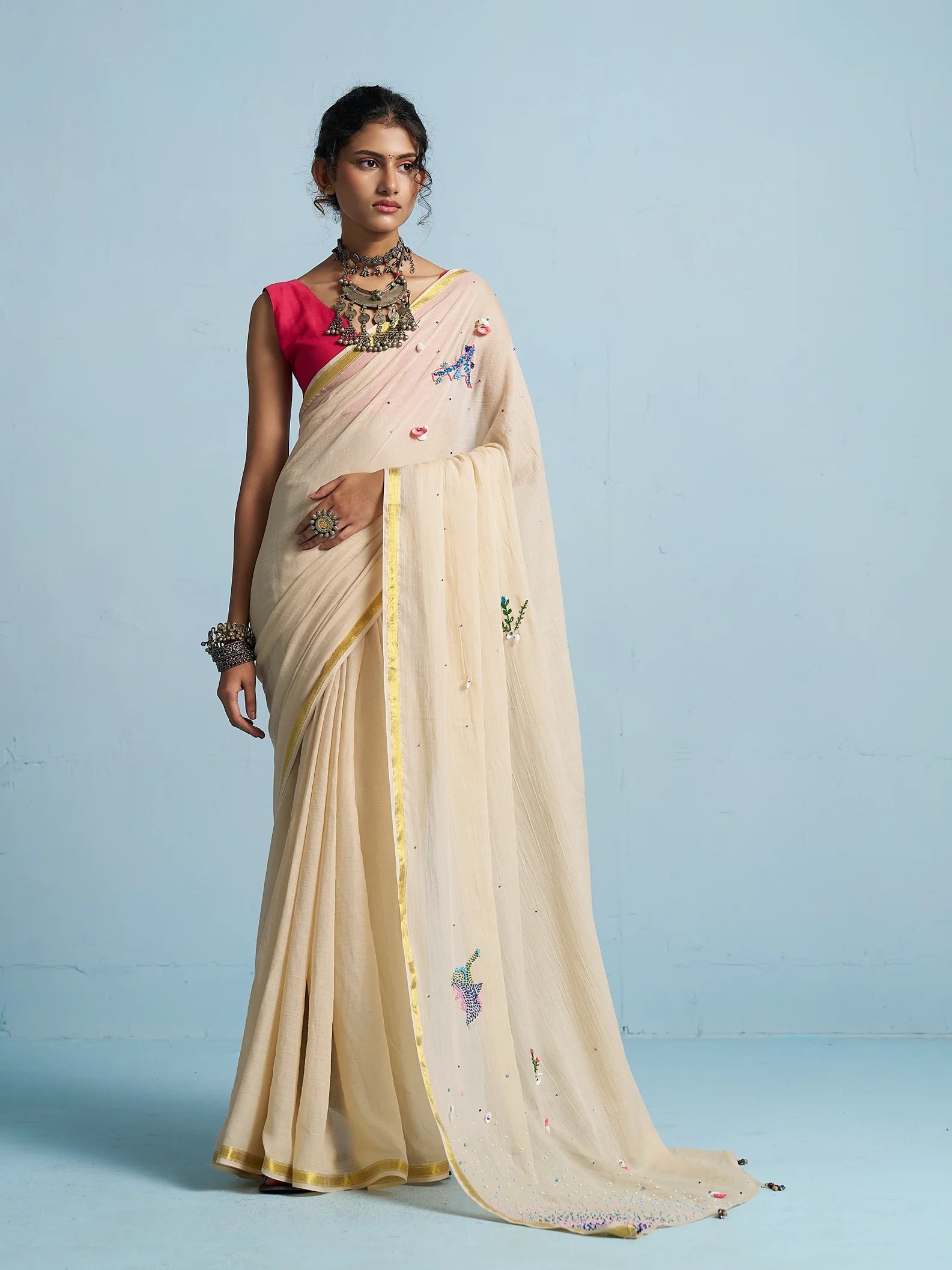BEIGE VISCOSE MUL THREAD WORK SAREES