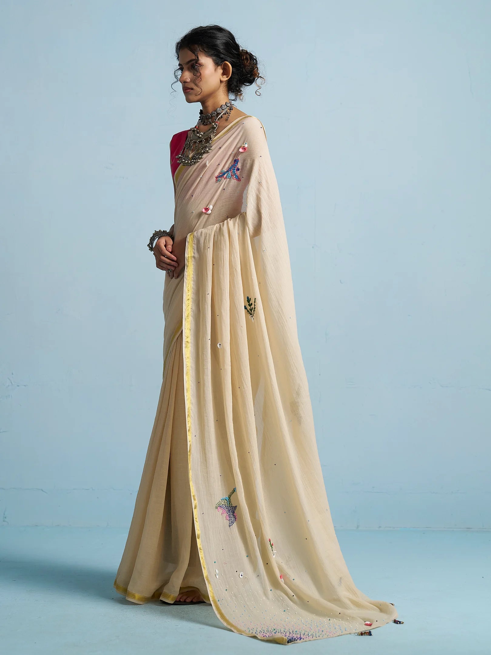BEIGE MULMUL COTTON THREAD WORK SAREES