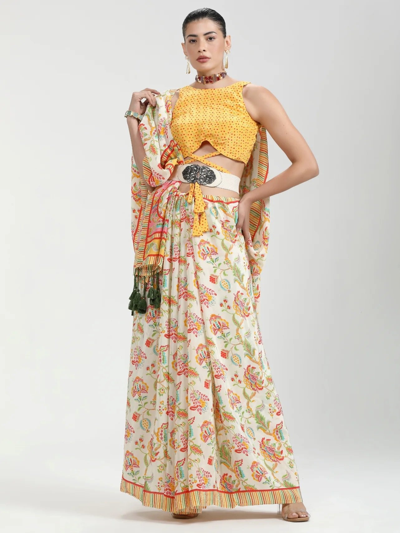 BEIGE & YELLOW NATURAL CREPE DIGITAL PRINTED SAREE