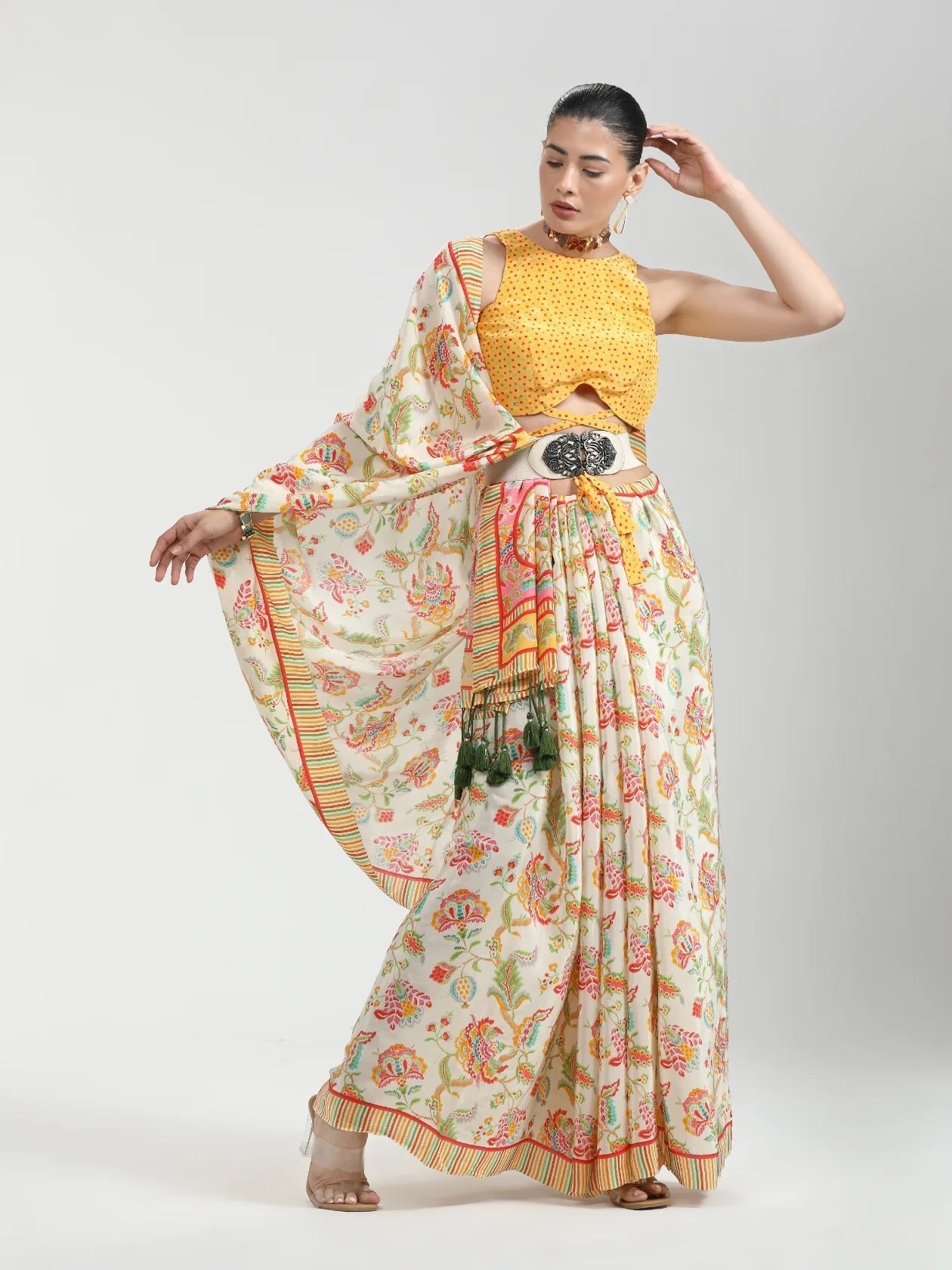 BEIGE & YELLOW NATURAL CREPE DIGITAL PRINTED SAREE