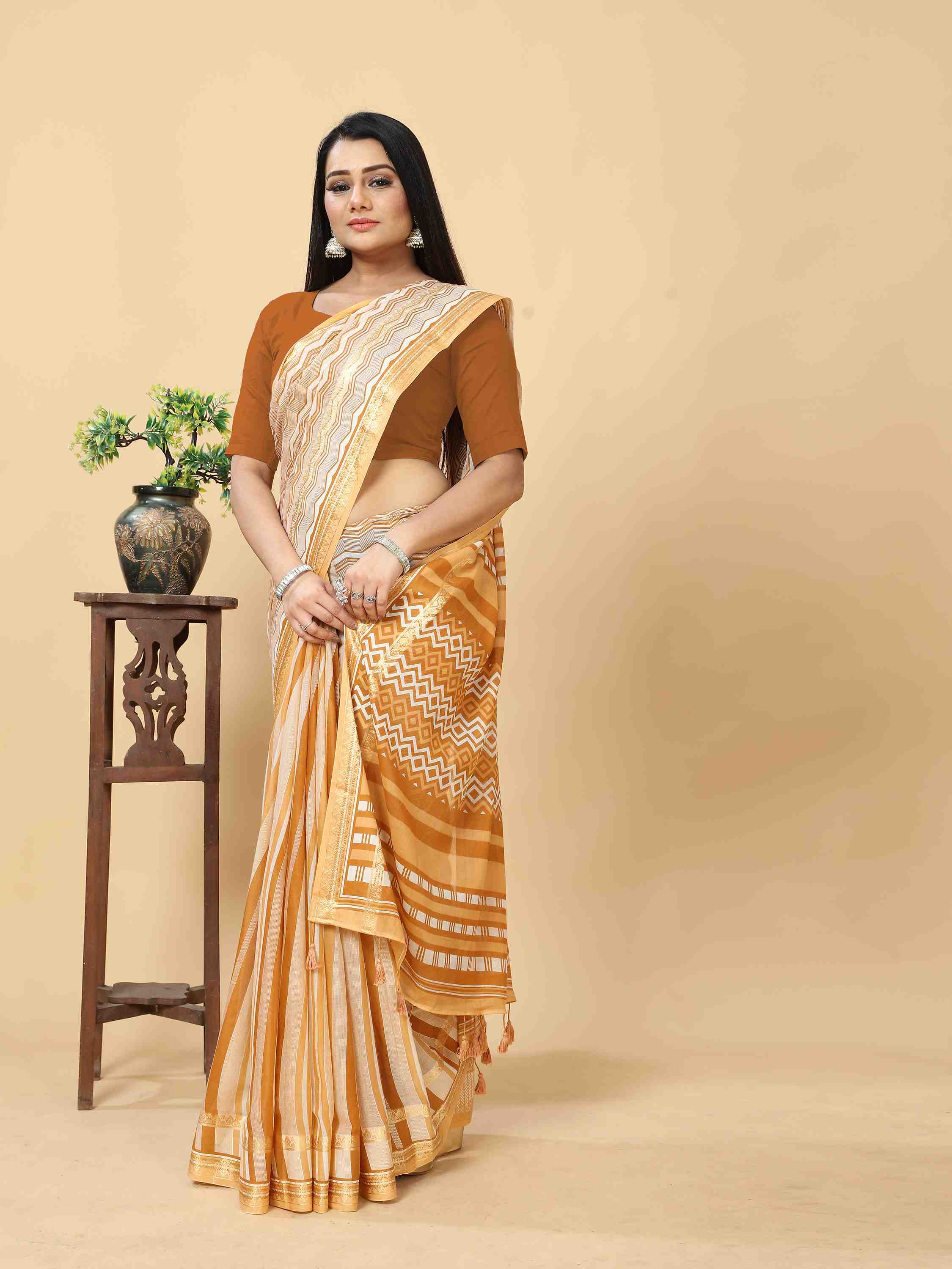 BROWN VISCOSE MUL CONTEMPORARY PRINTED LIVA SAREE