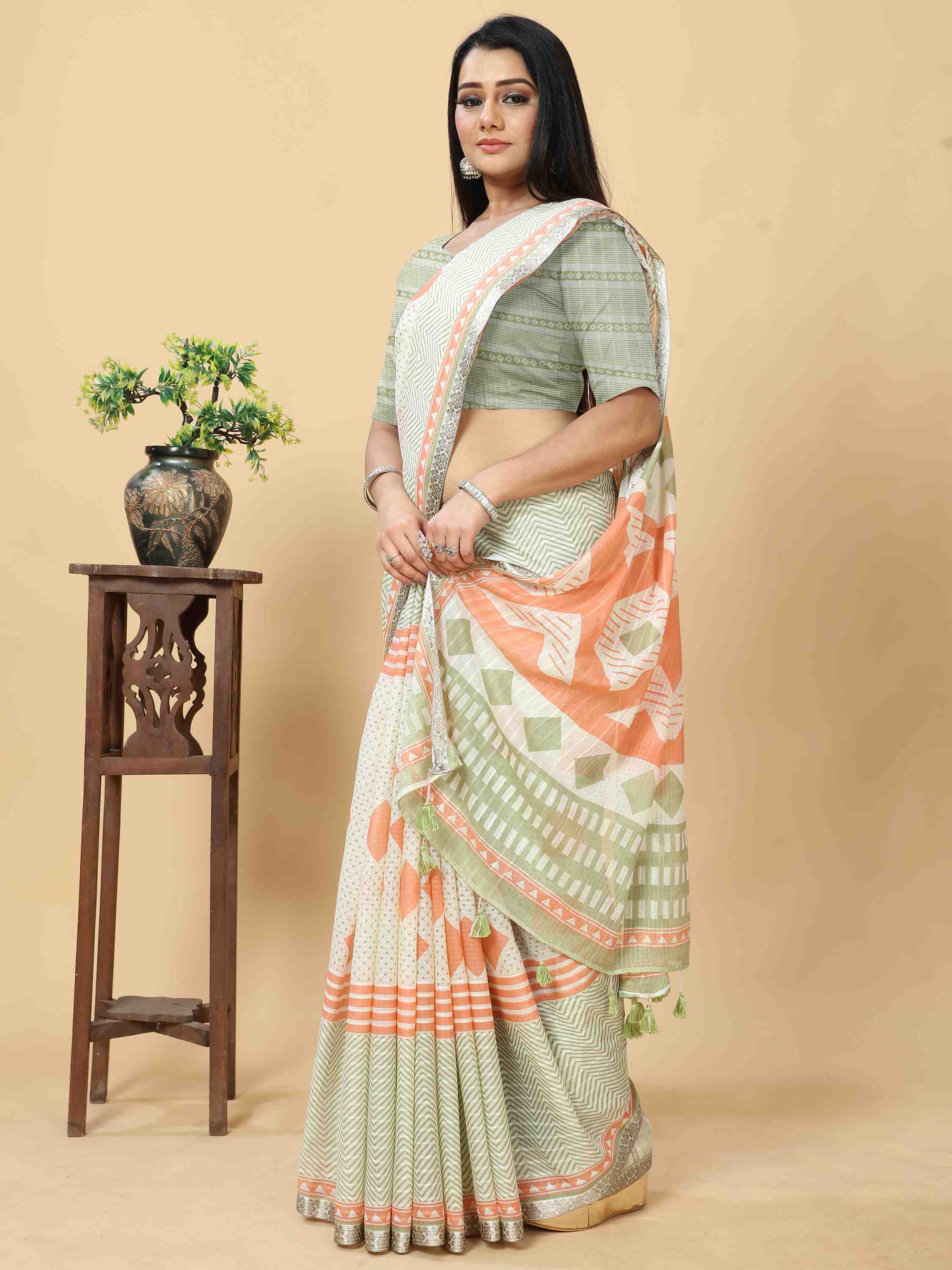 MINT GREEN VISCOSE MUL CONTEMPORARY PRINTED LIVA SAREE