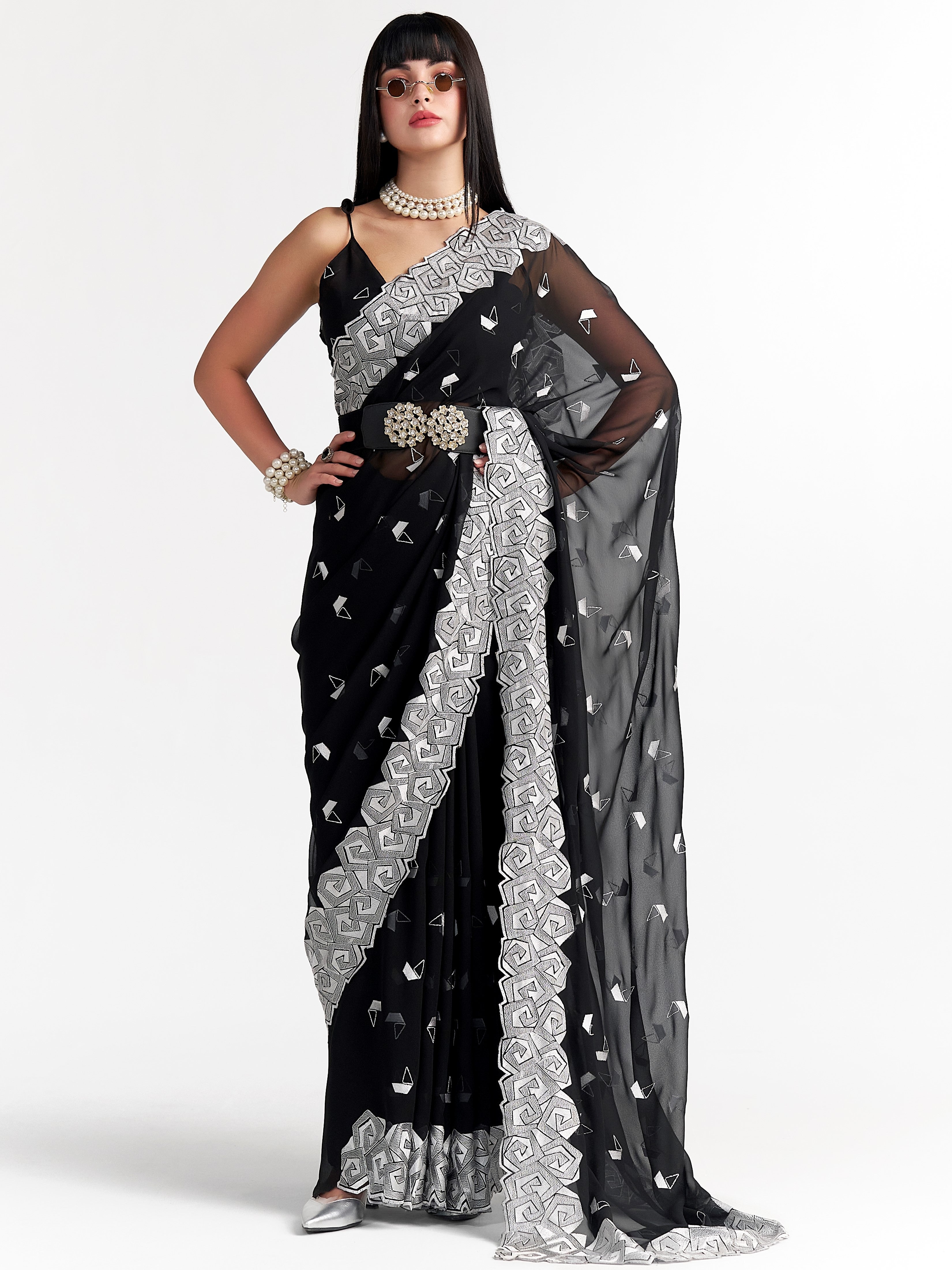 BLACK GEORGETTE BOAT PRINTED EMBROIDERY SAREE