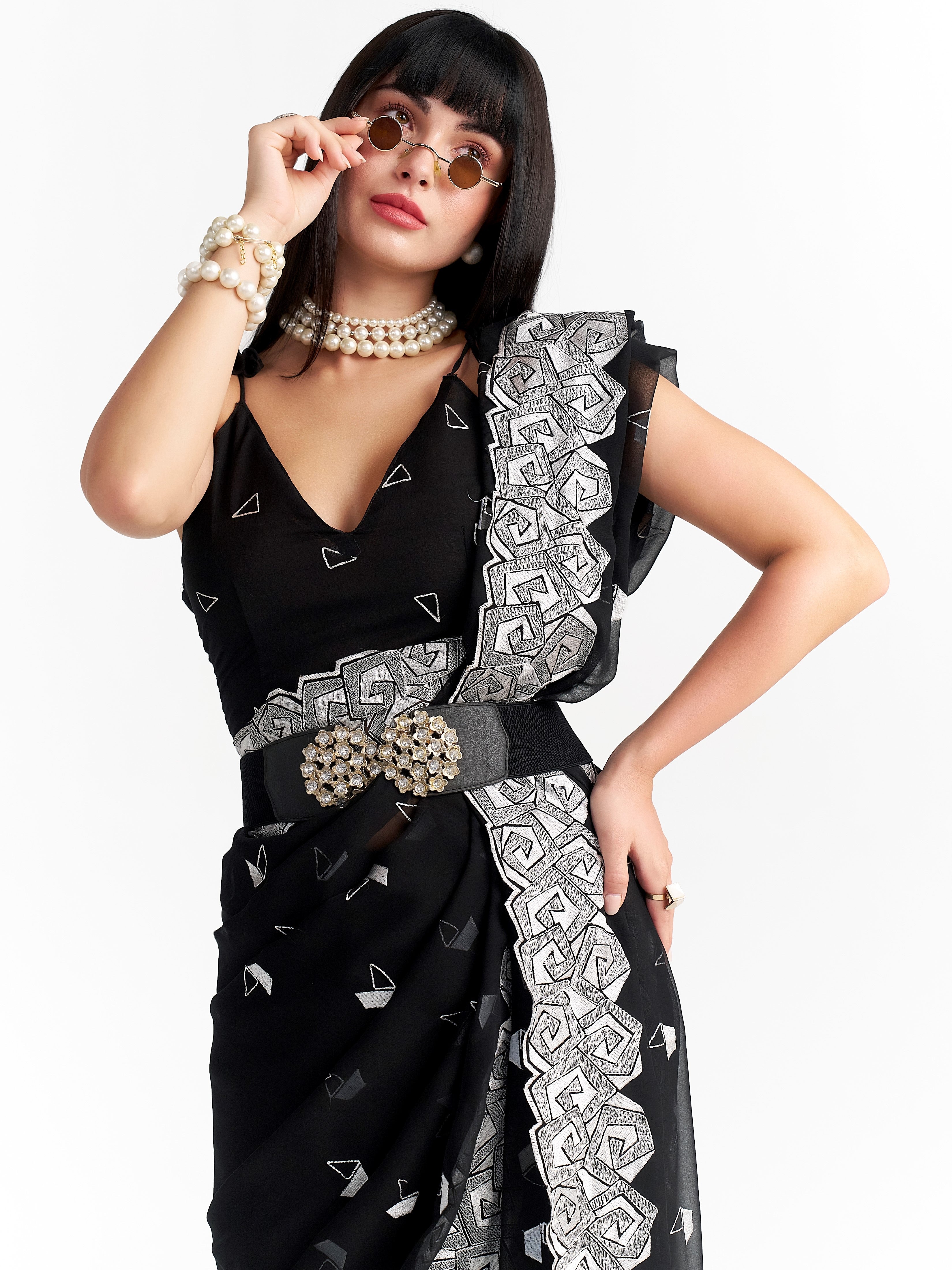 BLACK GEORGETTE BOAT PRINTED EMBROIDERY SAREE