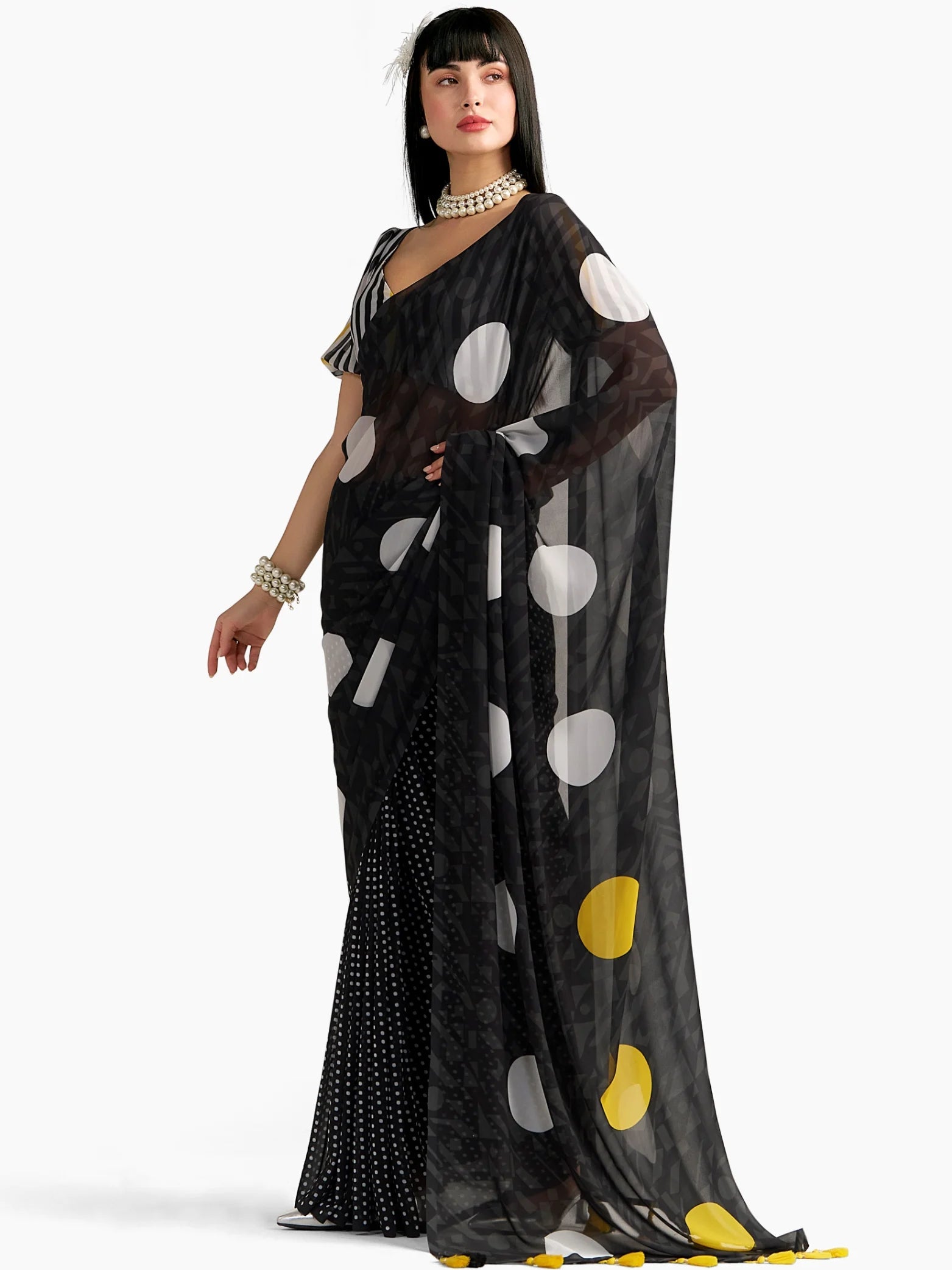 BLACK GEORGETTE POLKA POPS DIGITAL PRINTED SAREE