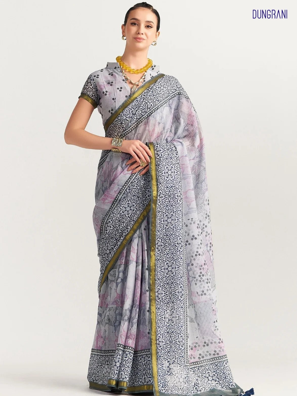 BLACK & GRAY SHADE VISCOSE MUL BLOCK PRINTED SAREE