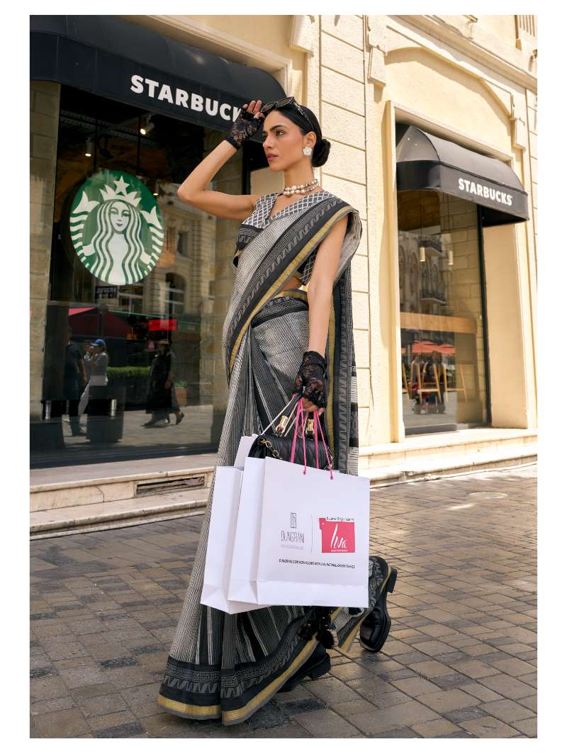 BLACK & GREY VISCOSE MUL BLOCK PRINTED SAREE