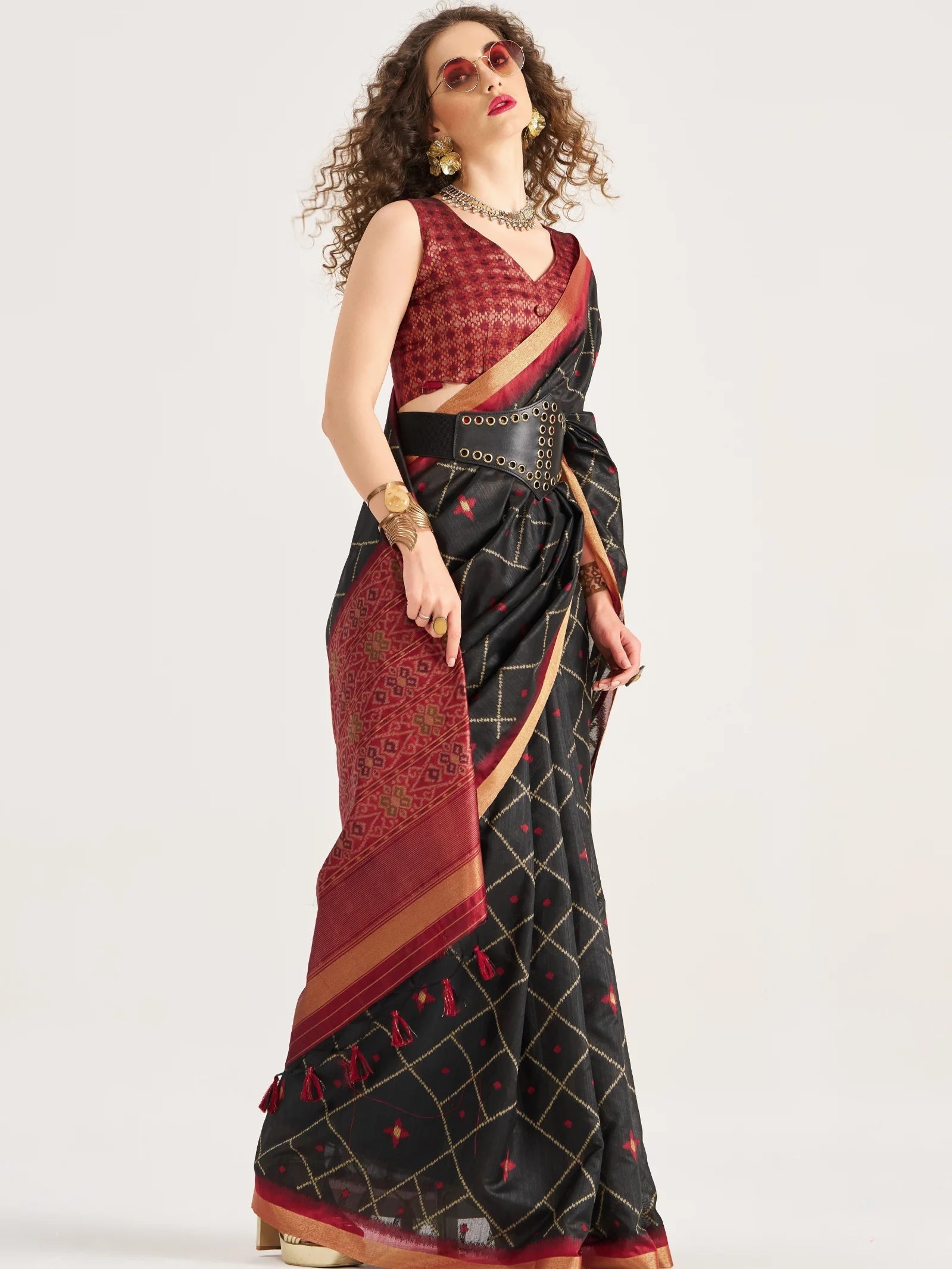 BLACK & MAROON HANDWOVEN BUTTERFLY ART SILK SAREE